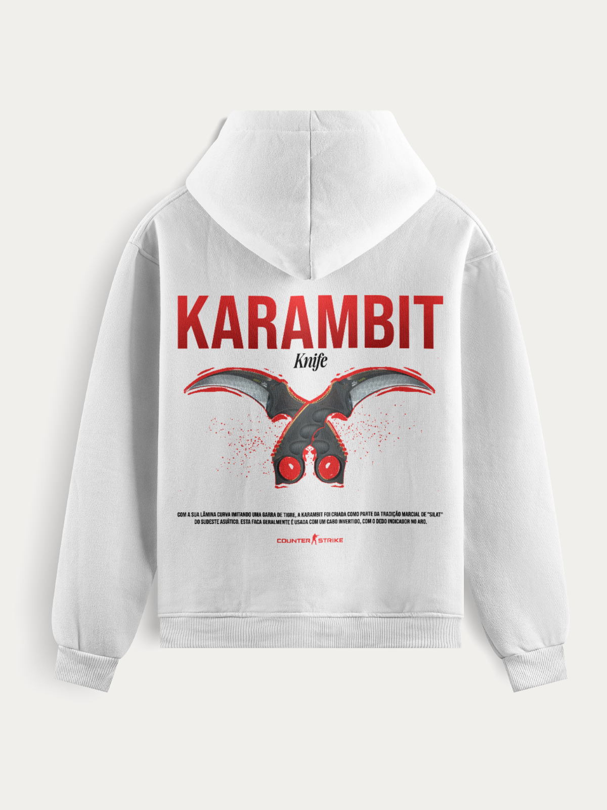 Moletom com estampa da faca Karambit de Counter Strike, feito em tecido de 300g/m² com toque macio e estampa DTF. Ideal para fãs que querem estilo e impacto.