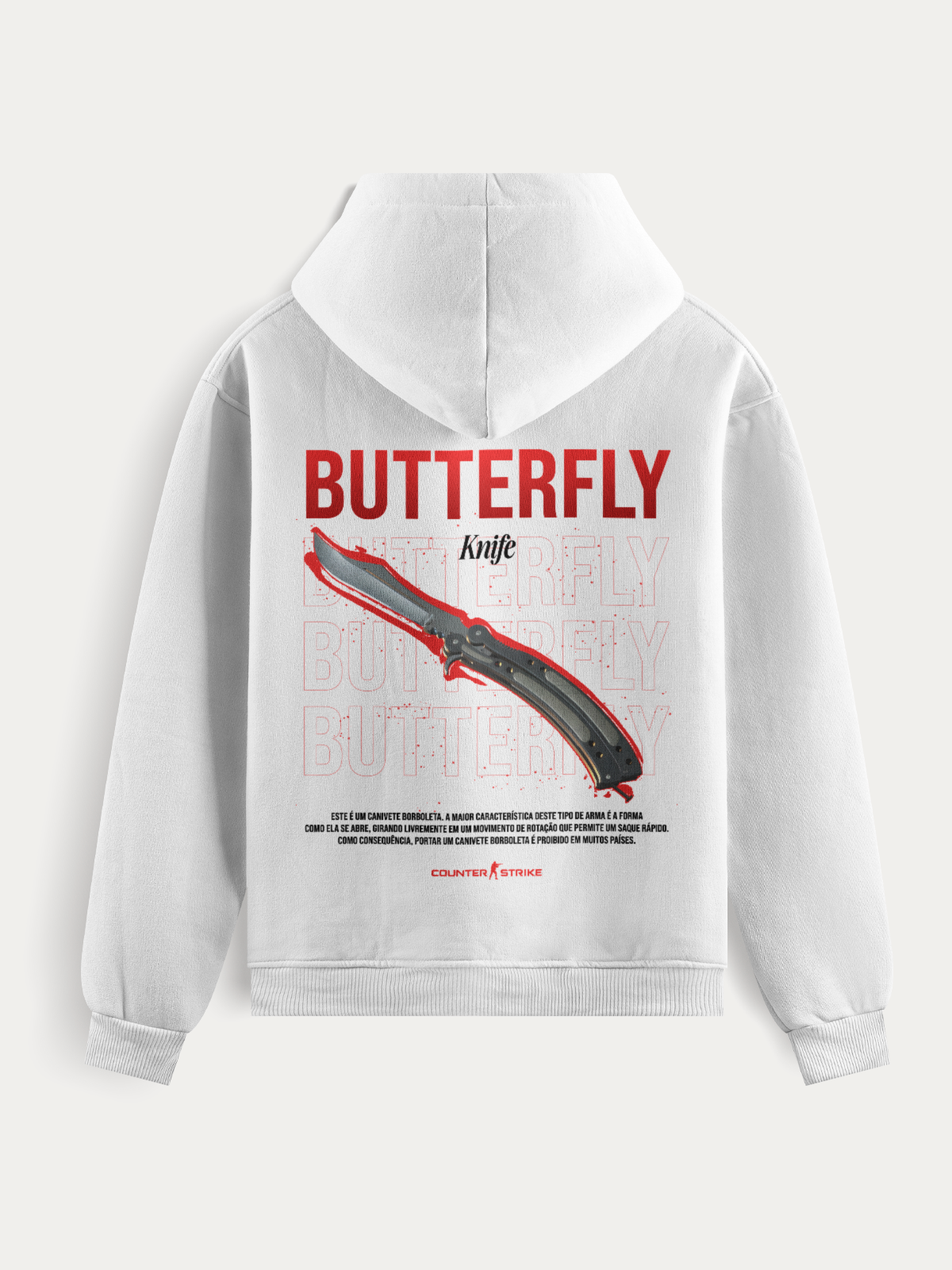 Moletom inspirado na Butterfly Knife do Counter Strike, com estampa em DTF, tecido resistente, costura reforçada e design pensado para fãs que prezam por estilo e presença.