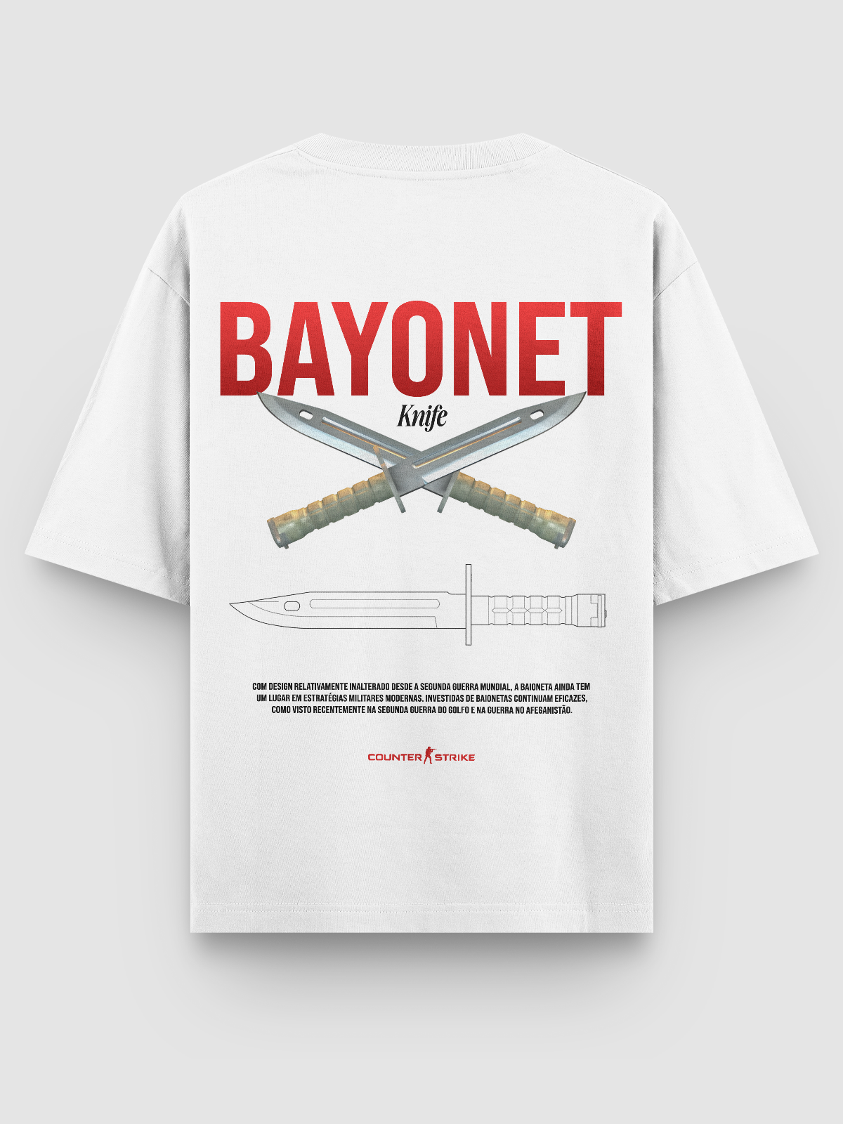 Camiseta Bayonet Counter Strike – Blueprint Edition, feita em algodão 100% penteado, com estampa DTF de alta definição inspirada na M9 Bayonet, perfeita para fãs de FPS e colecionadores da cultura gamer.