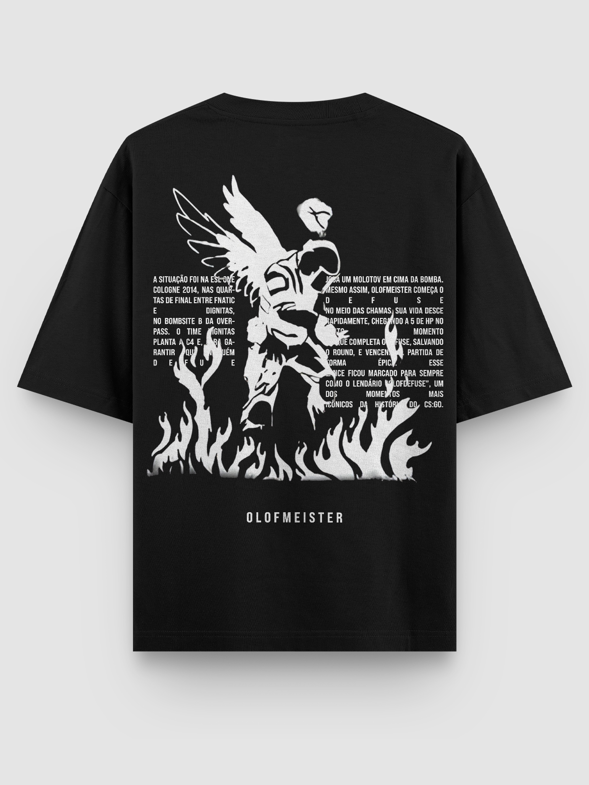 Camiseta gamer Olof On Fire inspirada no lendário “Olofdefuse” da ESL One Cologne 2014, em algodão penteado 100%, com estampa DTF de alta definição e acabamento reforçado, ideal para colecionadores e fãs de CS.