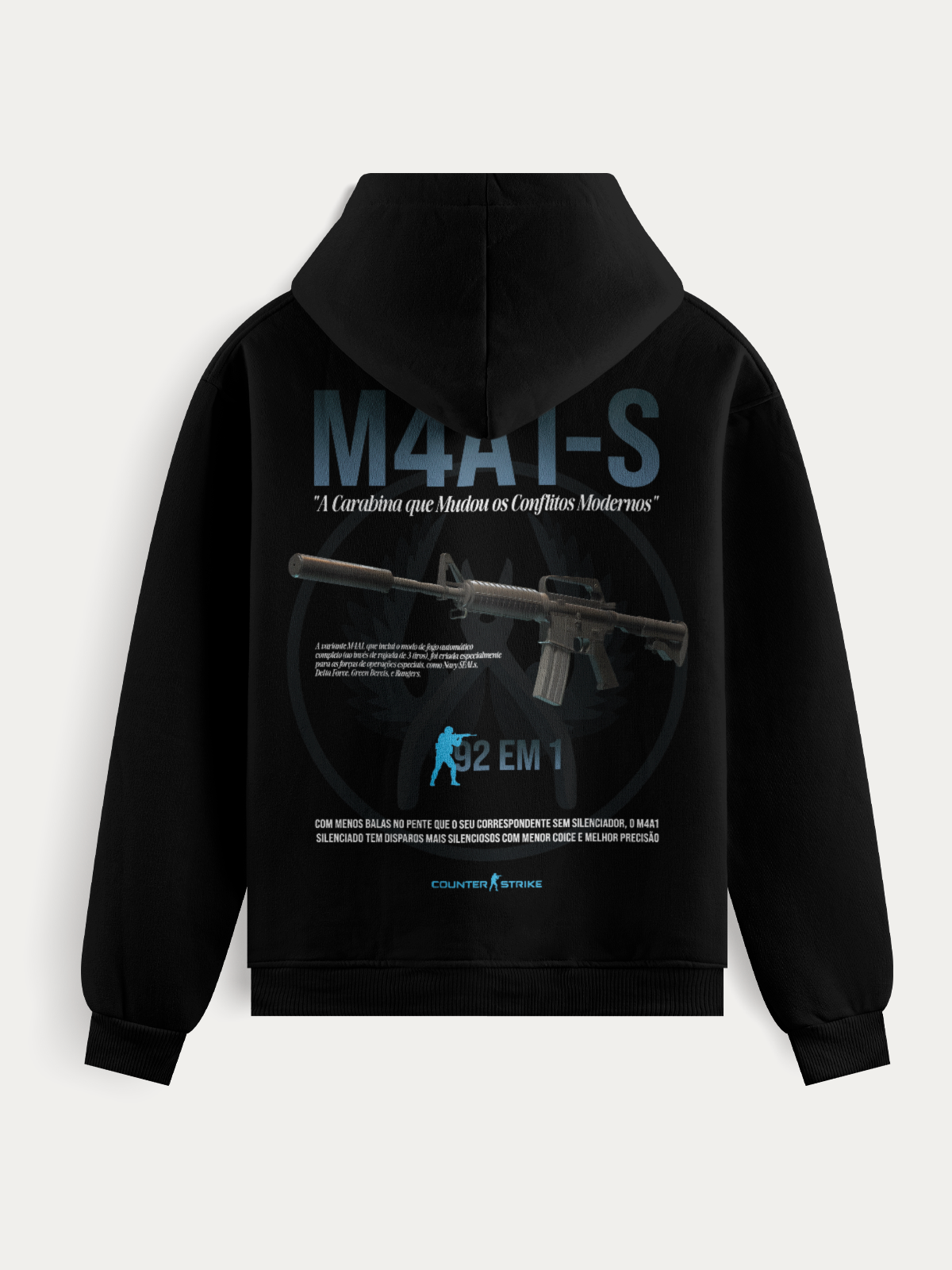 Moletom M4A1-S Counter Strike II com estampa da arma silenciada, tecido premium 75% algodão, toque macio, gramatura 300g/m² e caimento tático moderno.
