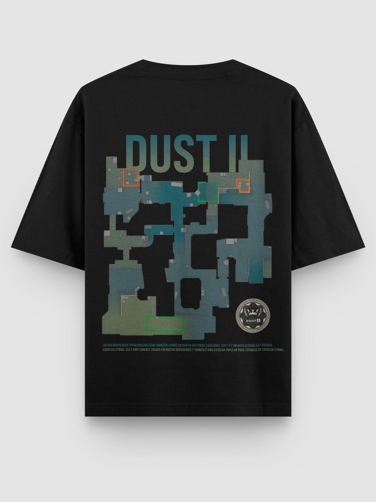 Camiseta Counter Strike Dust II, confeccionada em algodão penteado fio 30.1, com estampa DTF de alta definição reproduzindo o layout icônico do mapa, unindo resistência, conforto e o orgulho de vestir um clássico gamer.