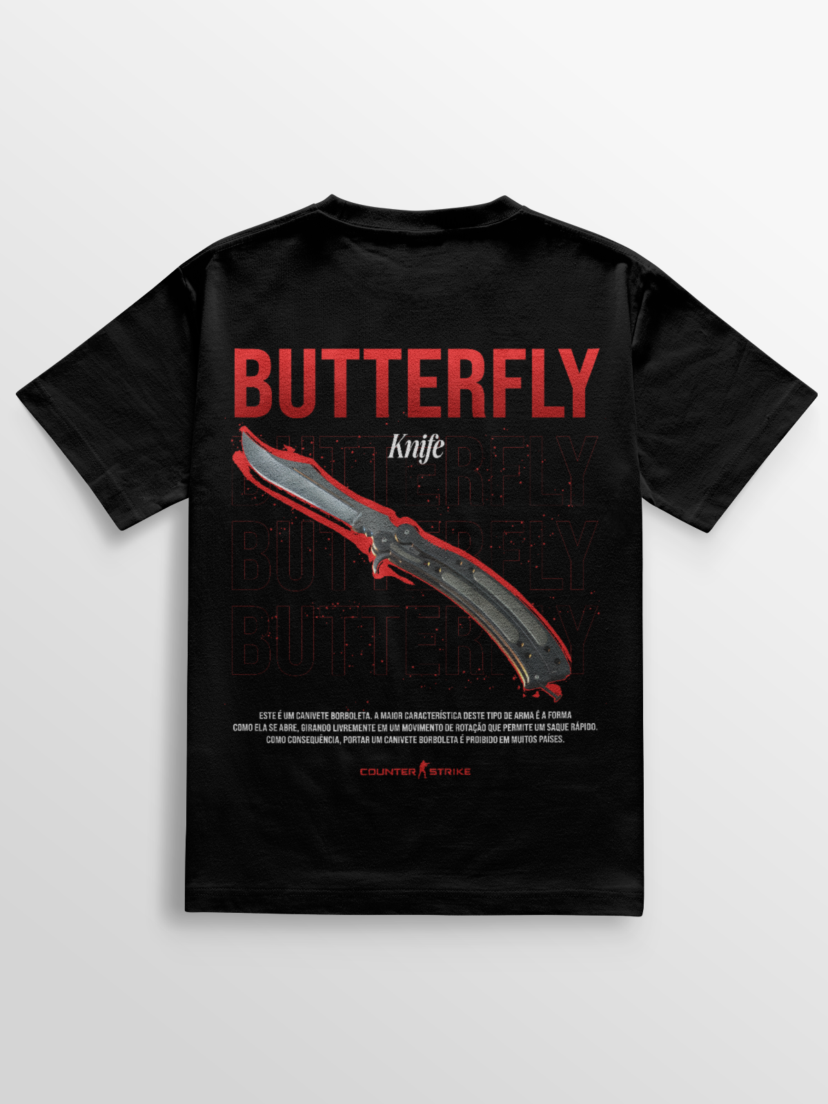 Camiseta Butterfly Counter Strike – Art Edition, feita em algodão 100% penteado, estampa DTF vibrante da icônica Balisong, perfeita para fãs de FPS e colecionadores da cultura gamer.
