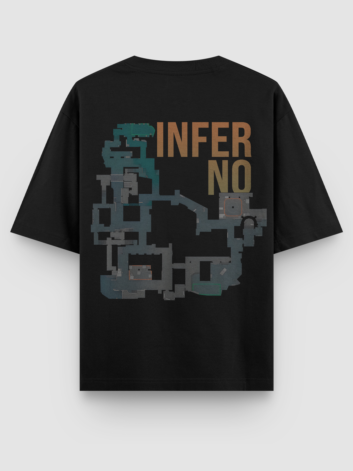 Camiseta com estampa de alta definição do mapa Inferno de Counter-Strike. Confeccionada em algodão penteado, com costura reforçada e visual ideal para quem vive o jogo dentro e fora do servidor.
