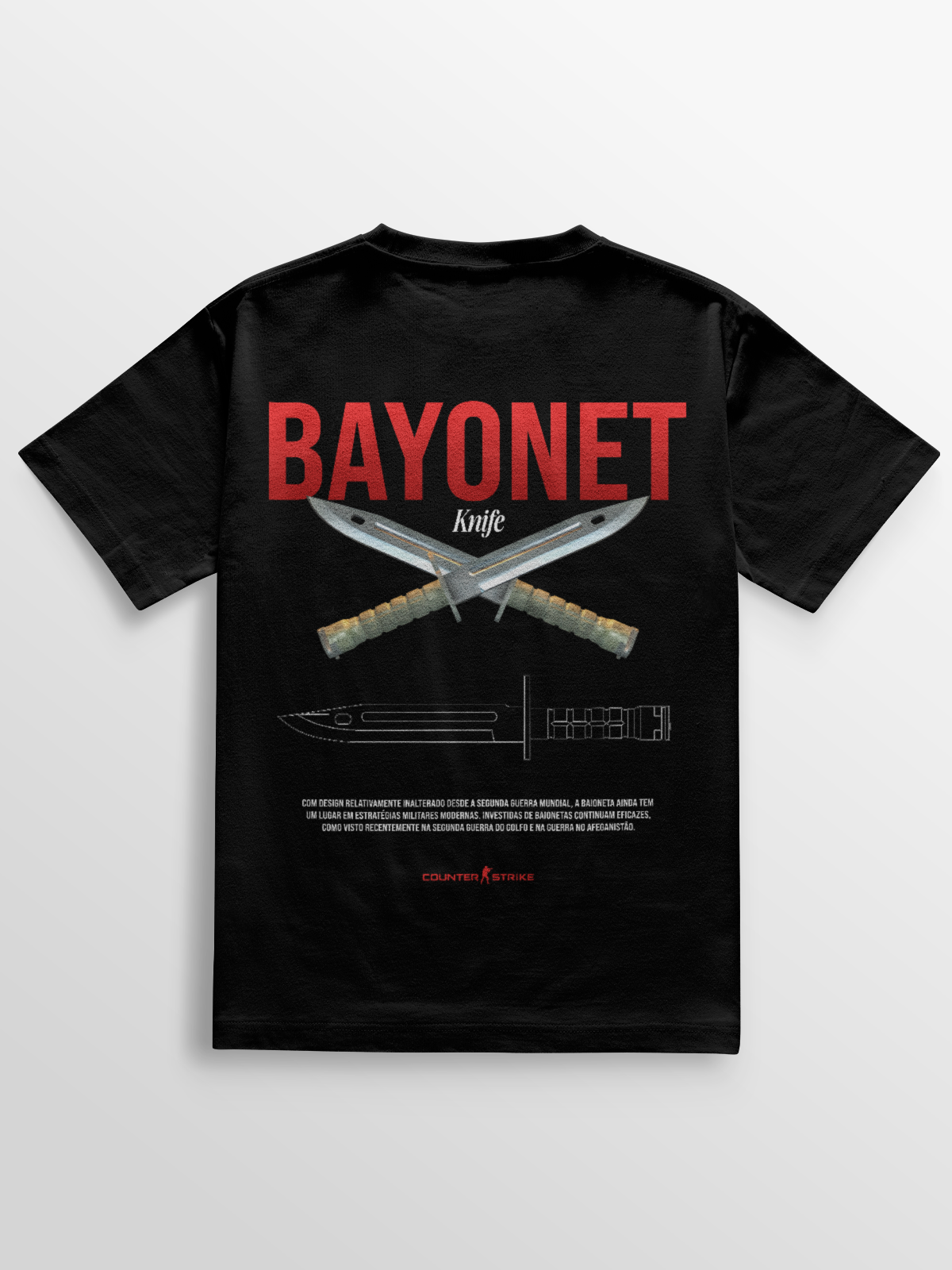 Camiseta Bayonet Counter Strike – Blueprint Edition, feita em algodão 100% penteado, com estampa DTF de alta definição inspirada na M9 Bayonet, perfeita para fãs de FPS e colecionadores da cultura gamer.