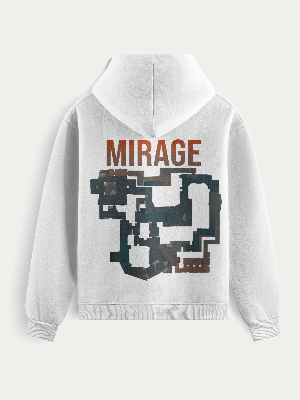 Moletom com o mapa Mirage de Counter-Strike estampado nas costas, disponível em versões preta e branca. Ideal para jogadores que vivem o CS dentro e fora do game.