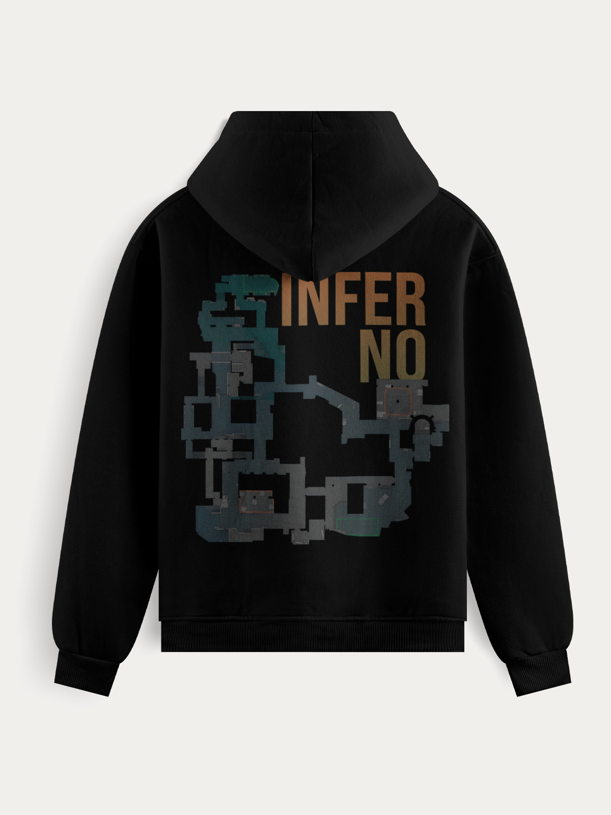 Moletom com o mapa Inferno de Counter-Strike estampado nas costas, disponível nas cores branca e preta. Perfeito para quem domina o game e curte vestir o cenário.