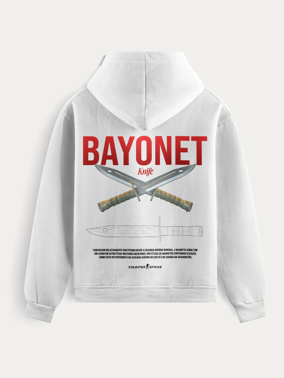 Moletom com estampa da baioneta clássica do Counter Strike II. Confeccionado com algodão e poliéster de alta gramatura, traz conforto, resistência e visual impactante com impressão DTF de alta definição. Ideal para fãs do jogo.