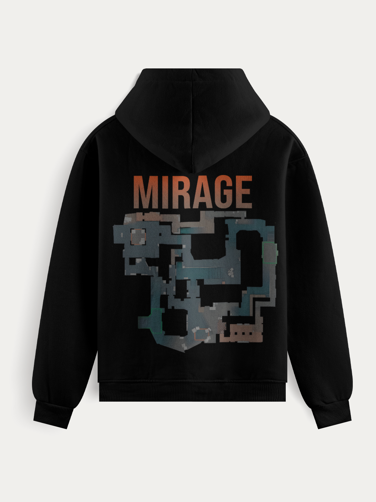 Moletom com o mapa Mirage de Counter-Strike estampado nas costas, disponível em versões preta e branca. Ideal para jogadores que vivem o CS dentro e fora do game.