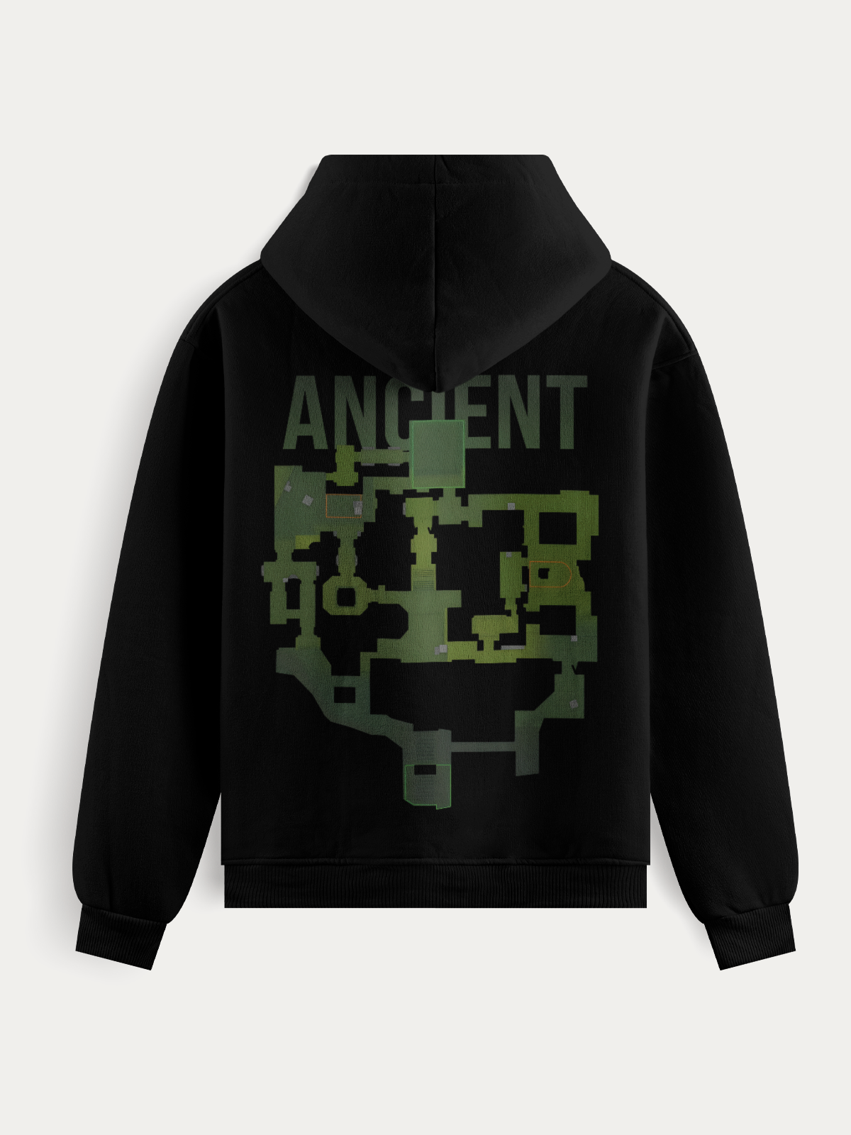Moletom gamer com estampa do mapa Ancient de Counter-Strike, disponível em preto ou branco, ideal para fãs do game que buscam conforto e identidade no estilo.