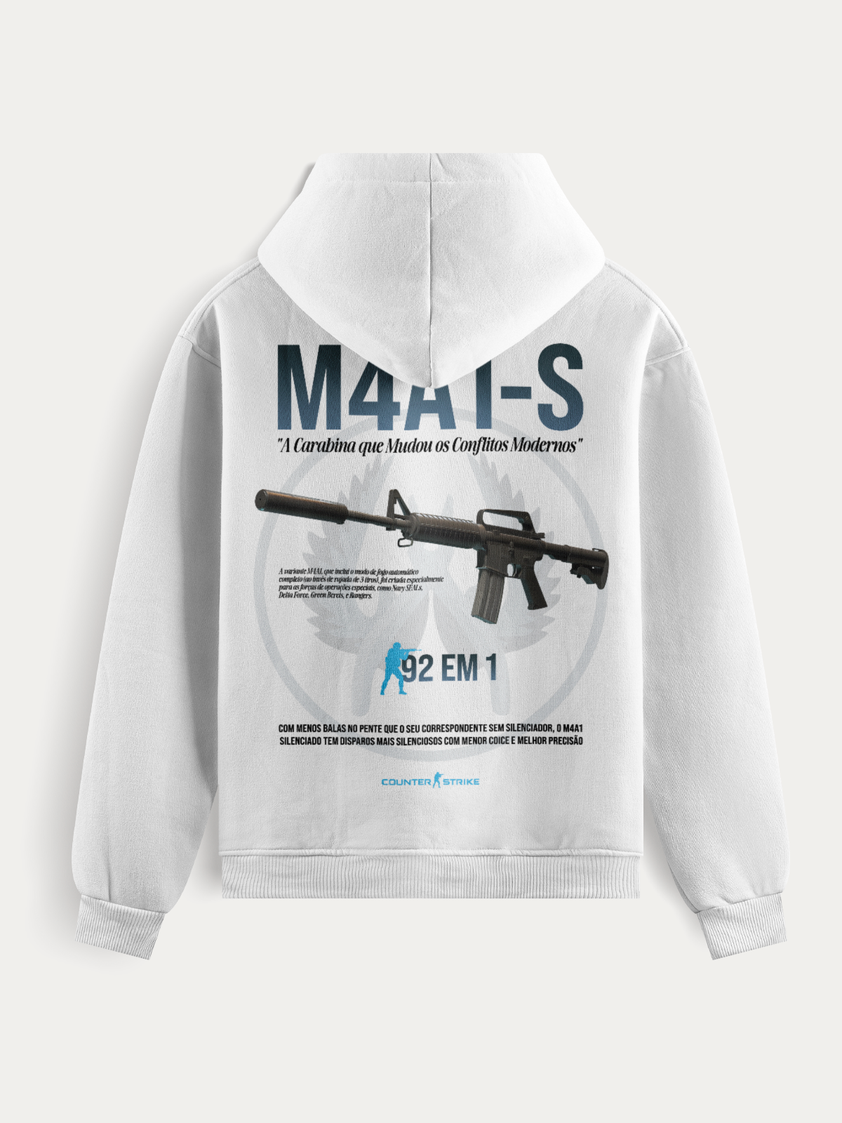 Moletom M4A1-S Counter Strike II com estampa da arma silenciada, tecido premium 75% algodão, toque macio, gramatura 300g/m² e caimento tático moderno.