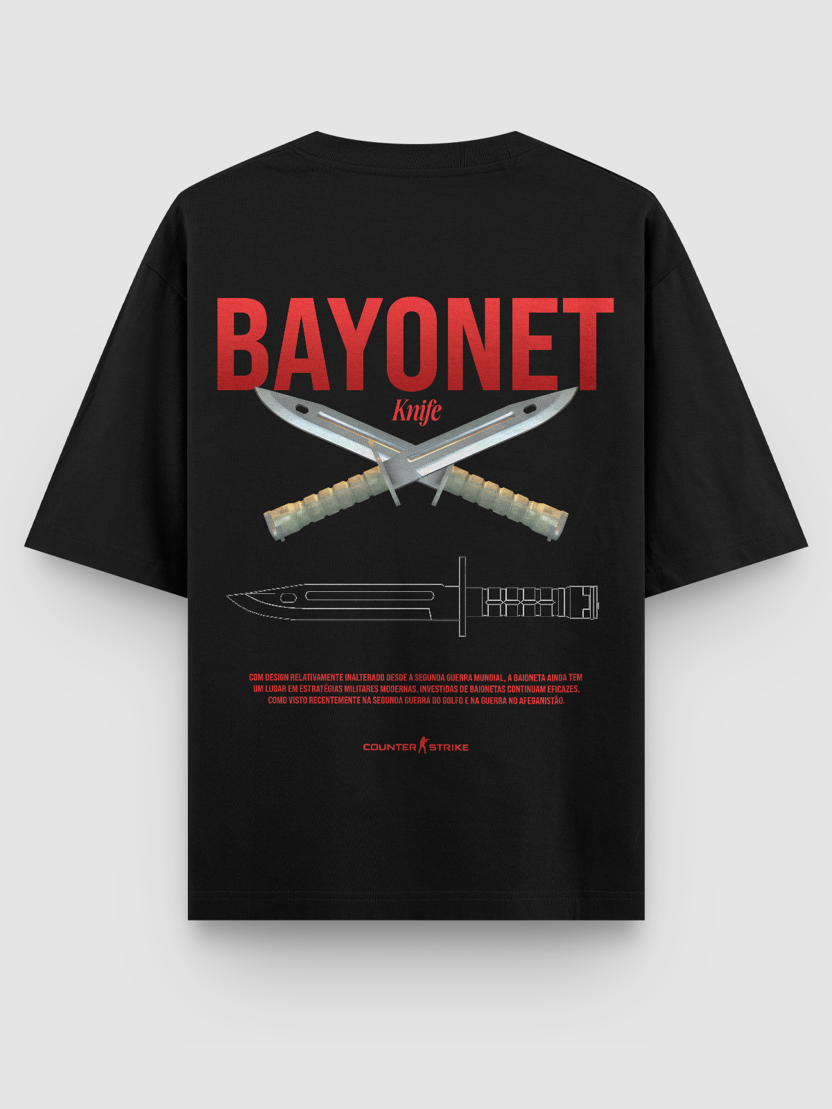 Camiseta Bayonet Counter Strike – Blueprint Edition, feita em algodão 100% penteado, com estampa DTF de alta definição inspirada na M9 Bayonet, perfeita para fãs de FPS e colecionadores da cultura gamer.