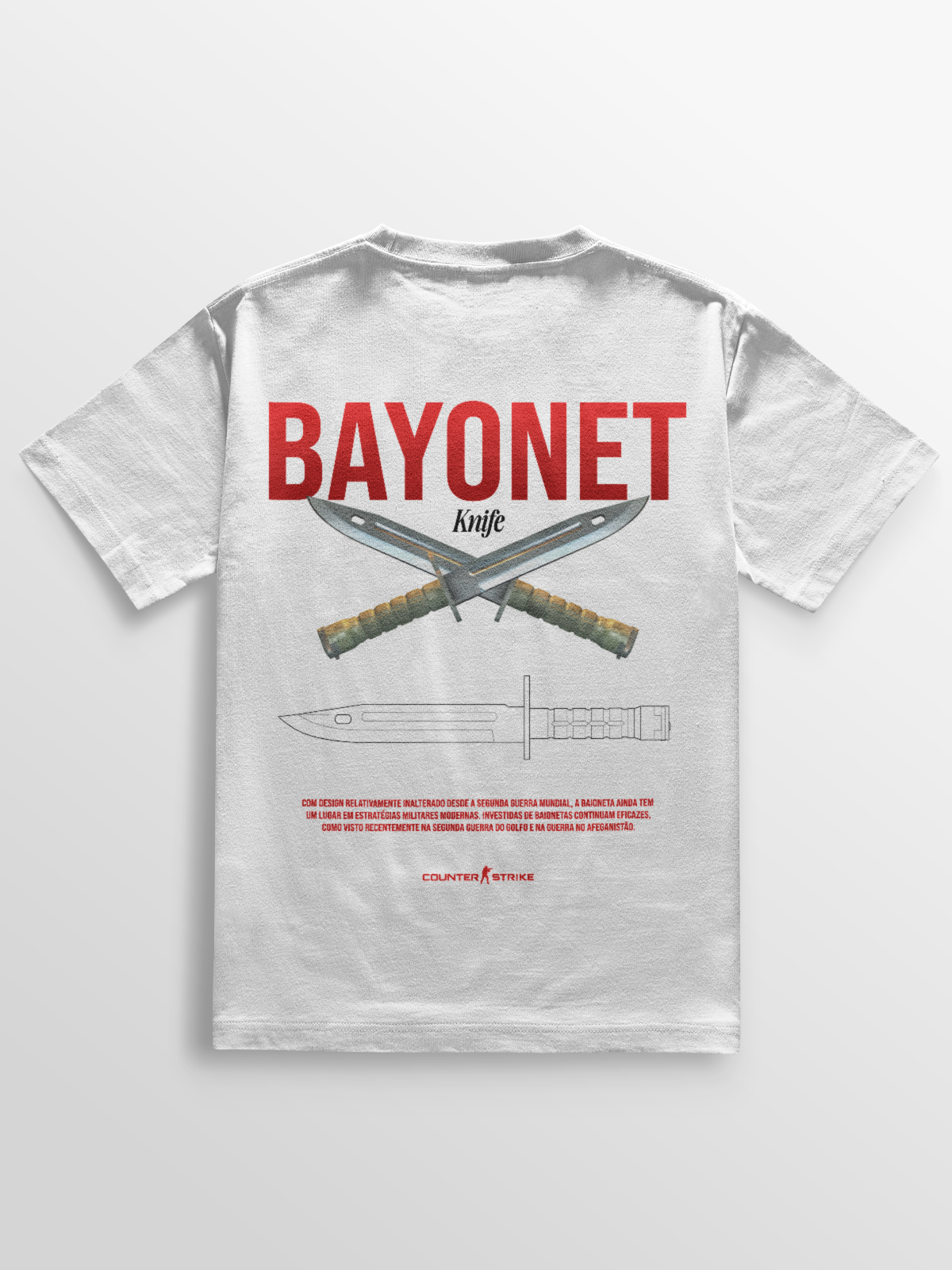 Camiseta Bayonet Counter Strike – Blueprint Edition, feita em algodão 100% penteado, com estampa DTF de alta definição inspirada na M9 Bayonet, perfeita para fãs de FPS e colecionadores da cultura gamer.