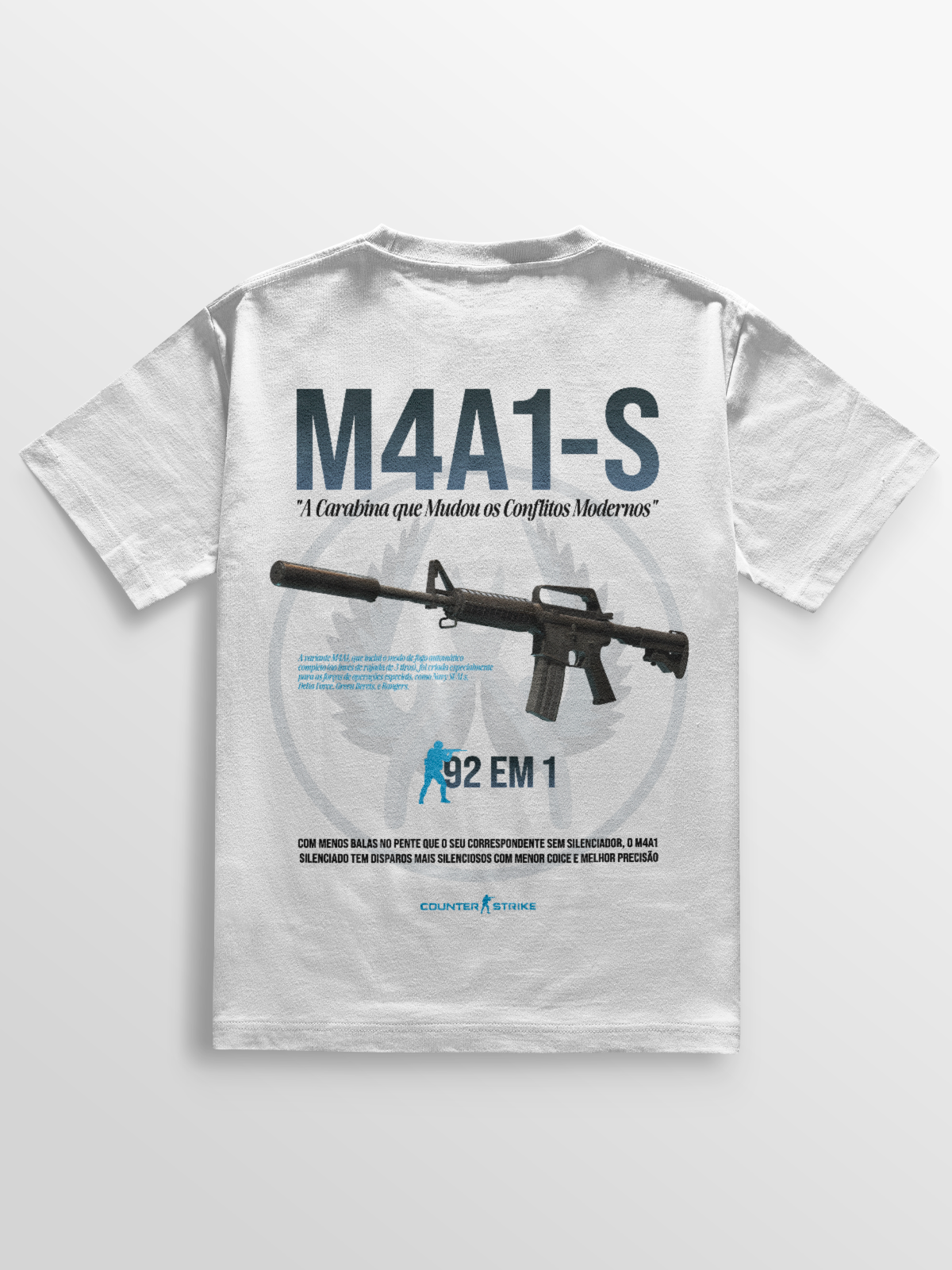 Camiseta gamer M4A1-S Counter Strike, confeccionada em algodão penteado 170g/m², modelagem ajustada e estampa DTF de alta definição. Ideal para fãs do FPS que buscam estilo e conforto no dia a dia.