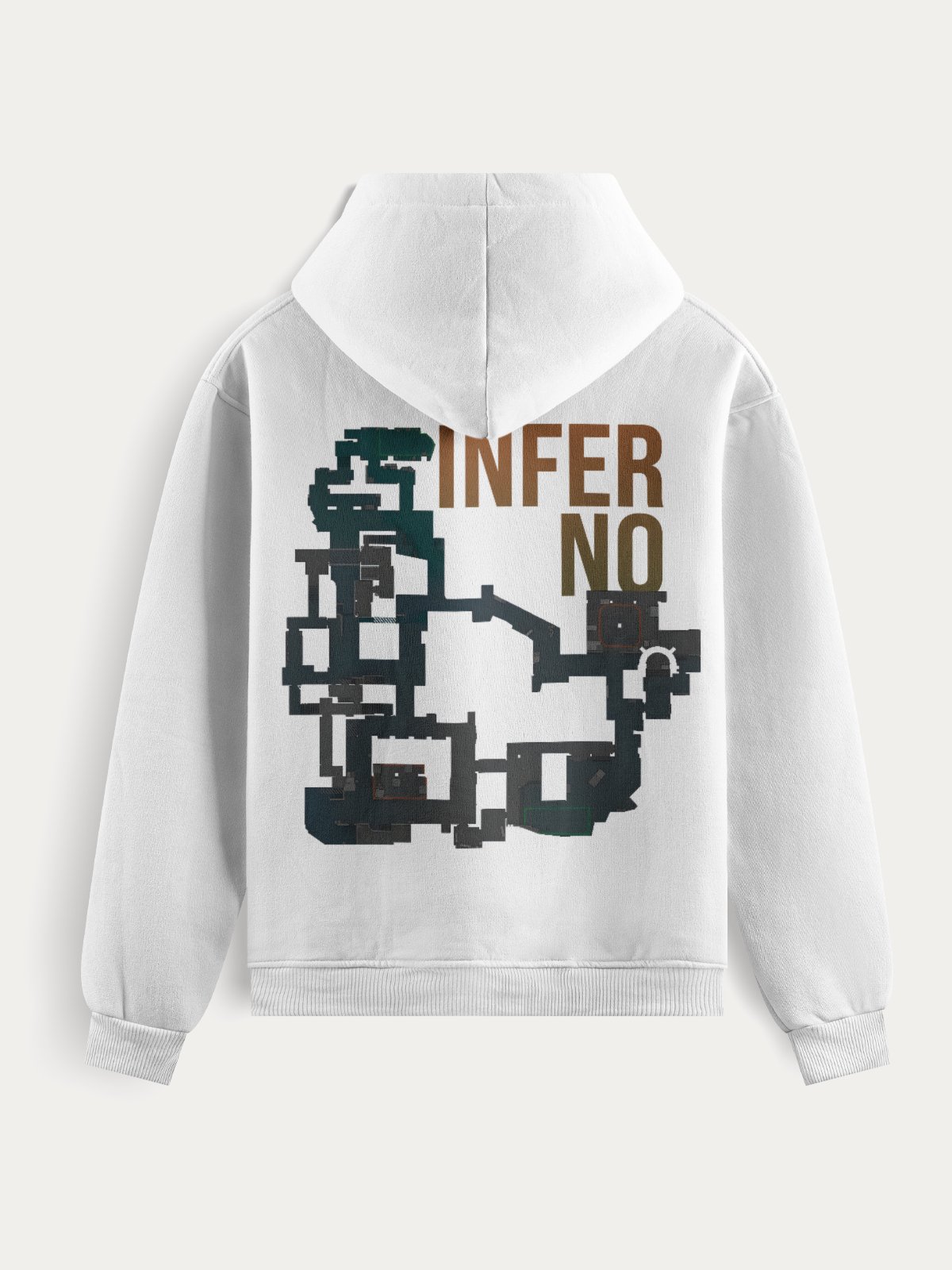 Moletom com o mapa Inferno de Counter-Strike estampado nas costas, disponível nas cores branca e preta. Perfeito para quem domina o game e curte vestir o cenário.