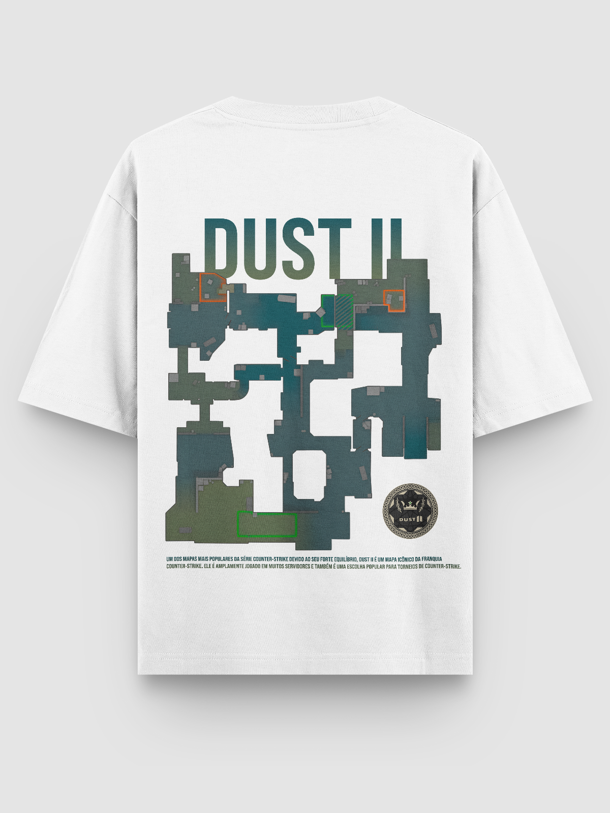Camiseta Counter Strike Dust II, confeccionada em algodão penteado fio 30.1, com estampa DTF de alta definição reproduzindo o layout icônico do mapa, unindo resistência, conforto e o orgulho de vestir um clássico gamer.