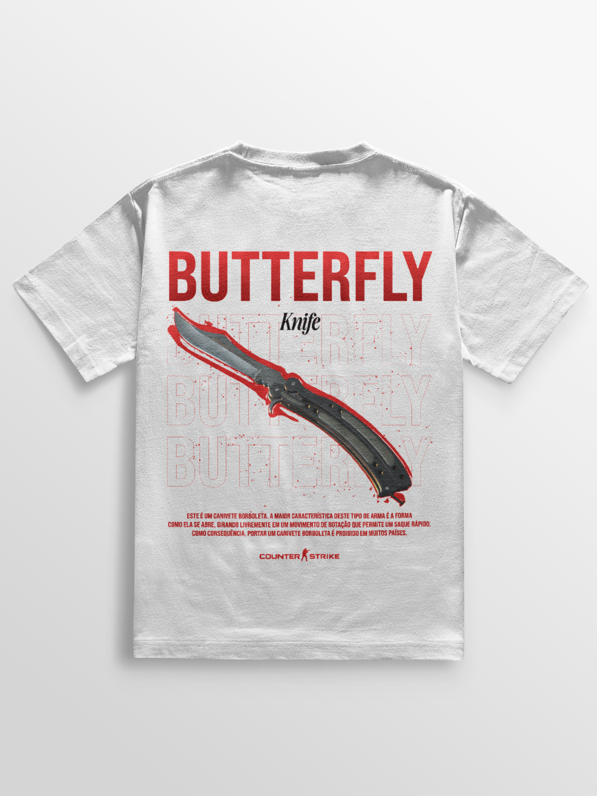 Camiseta Butterfly Counter Strike – Art Edition, feita em algodão 100% penteado, estampa DTF vibrante da icônica Balisong, perfeita para fãs de FPS e colecionadores da cultura gamer.