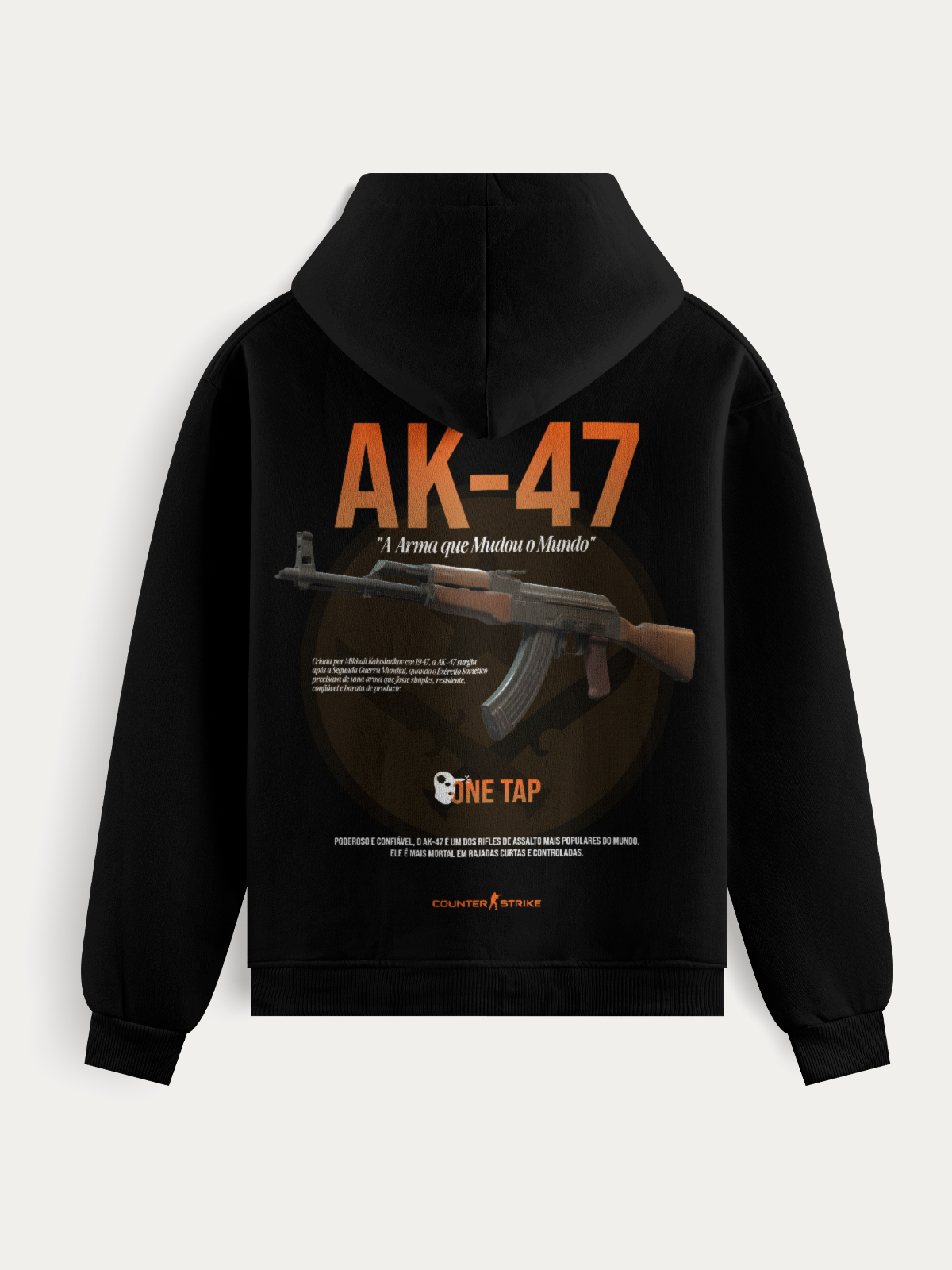 Moletom gamer com estampa realista da AK-47 e arte One Tap. Confeccionado com tecido resistente, costura reforçada e visual inspirado no universo de Counter Strike.