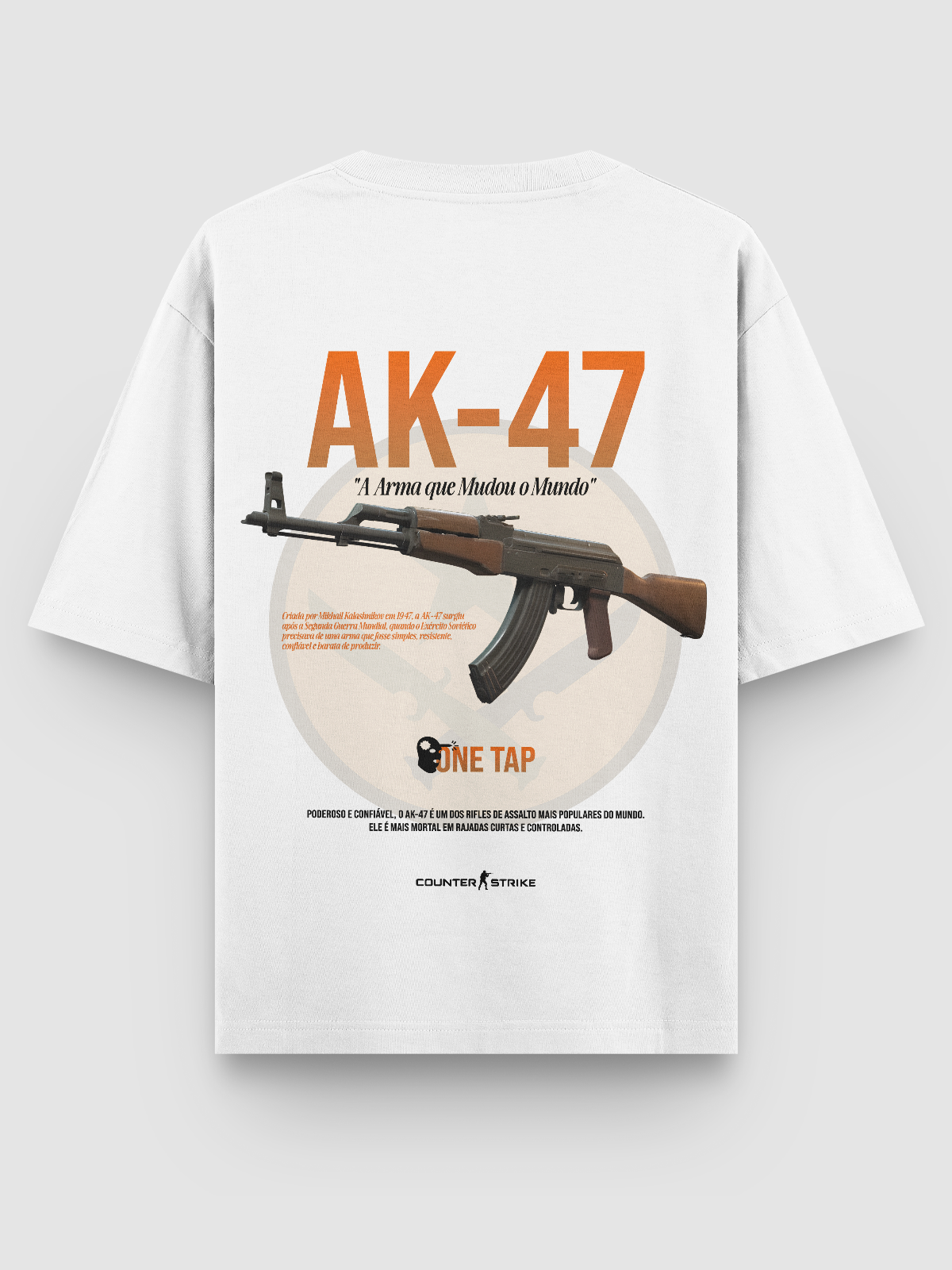Camiseta Oversized AK-47 One Tap inspirada no Counter Strike, feita em algodão penteado com gramatura 170g/m², estampa DTF de alta definição e modelagem ajustada. Ideal para gamers que valorizam estilo e conforto.