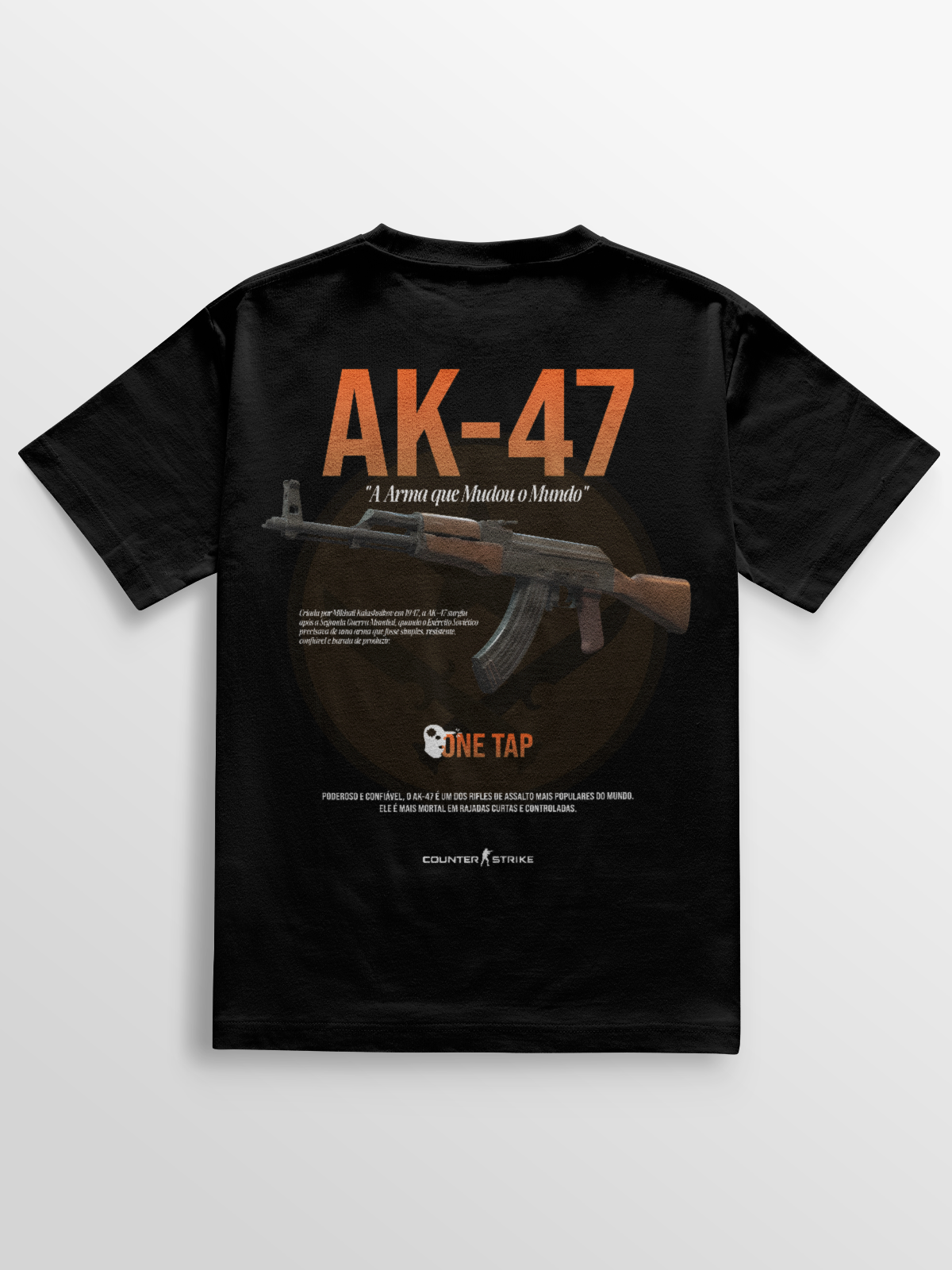 Camiseta AK-47 One Tap inspirada no Counter Strike, feita em algodão penteado com gramatura 170g/m², estampa DTF de alta definição e modelagem ajustada. Ideal para gamers que valorizam estilo e conforto.