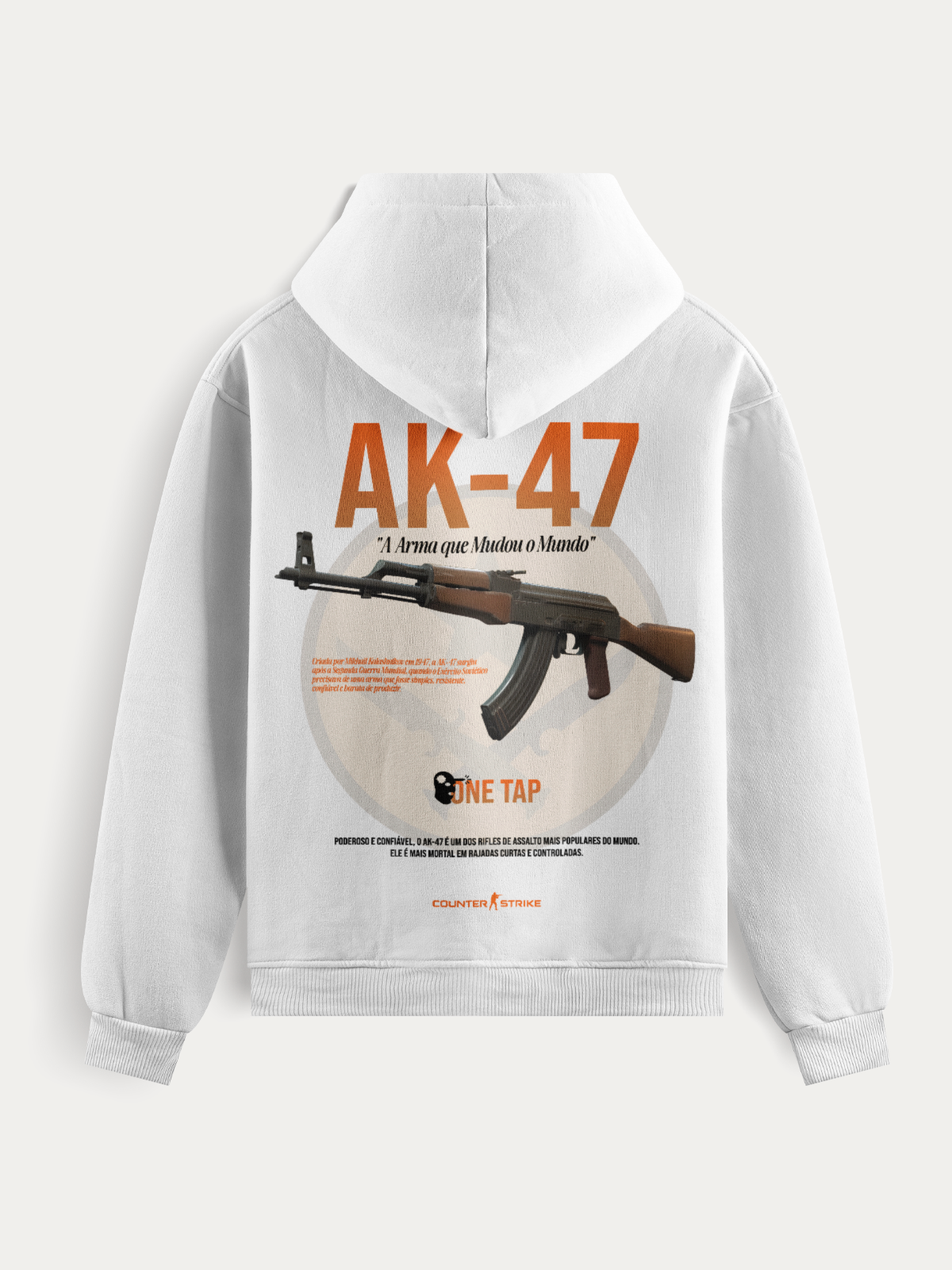 Moletom gamer com estampa realista da AK-47 e arte One Tap. Confeccionado com tecido resistente, costura reforçada e visual inspirado no universo de Counter Strike.
