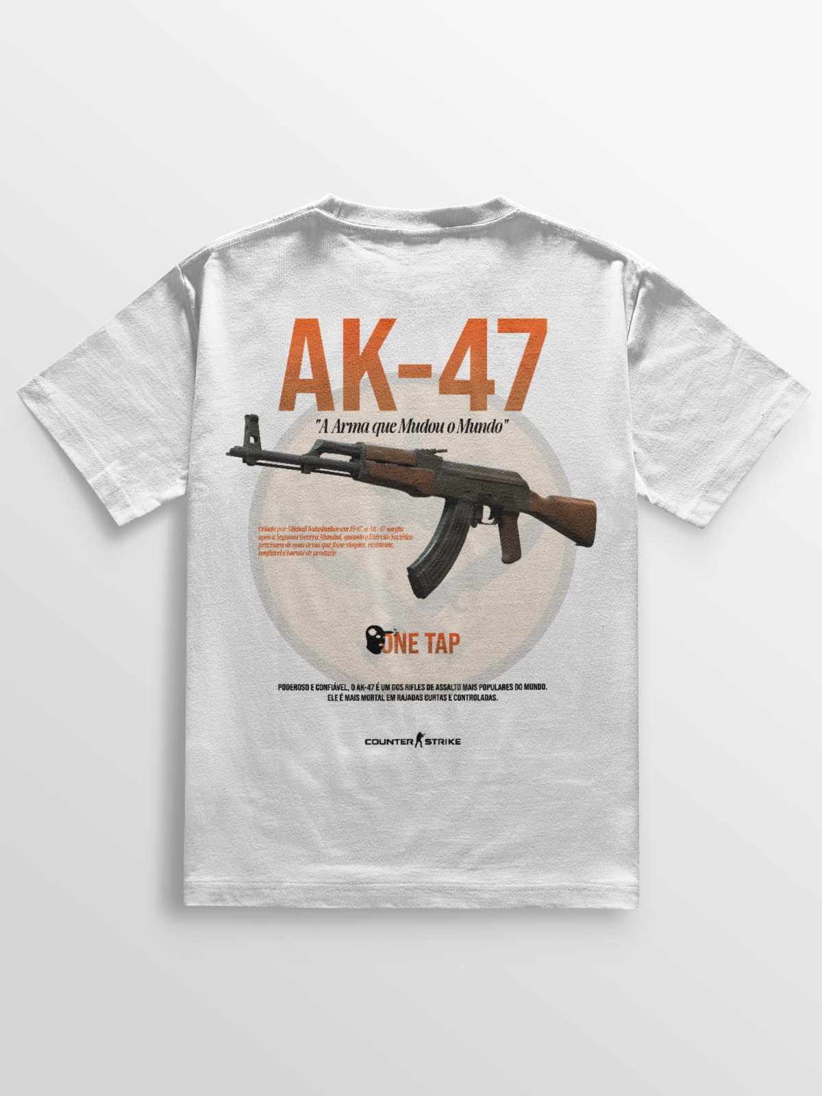 Camiseta AK-47 One Tap inspirada no Counter Strike, feita em algodão penteado com gramatura 170g/m², estampa DTF de alta definição e modelagem ajustada. Ideal para gamers que valorizam estilo e conforto.