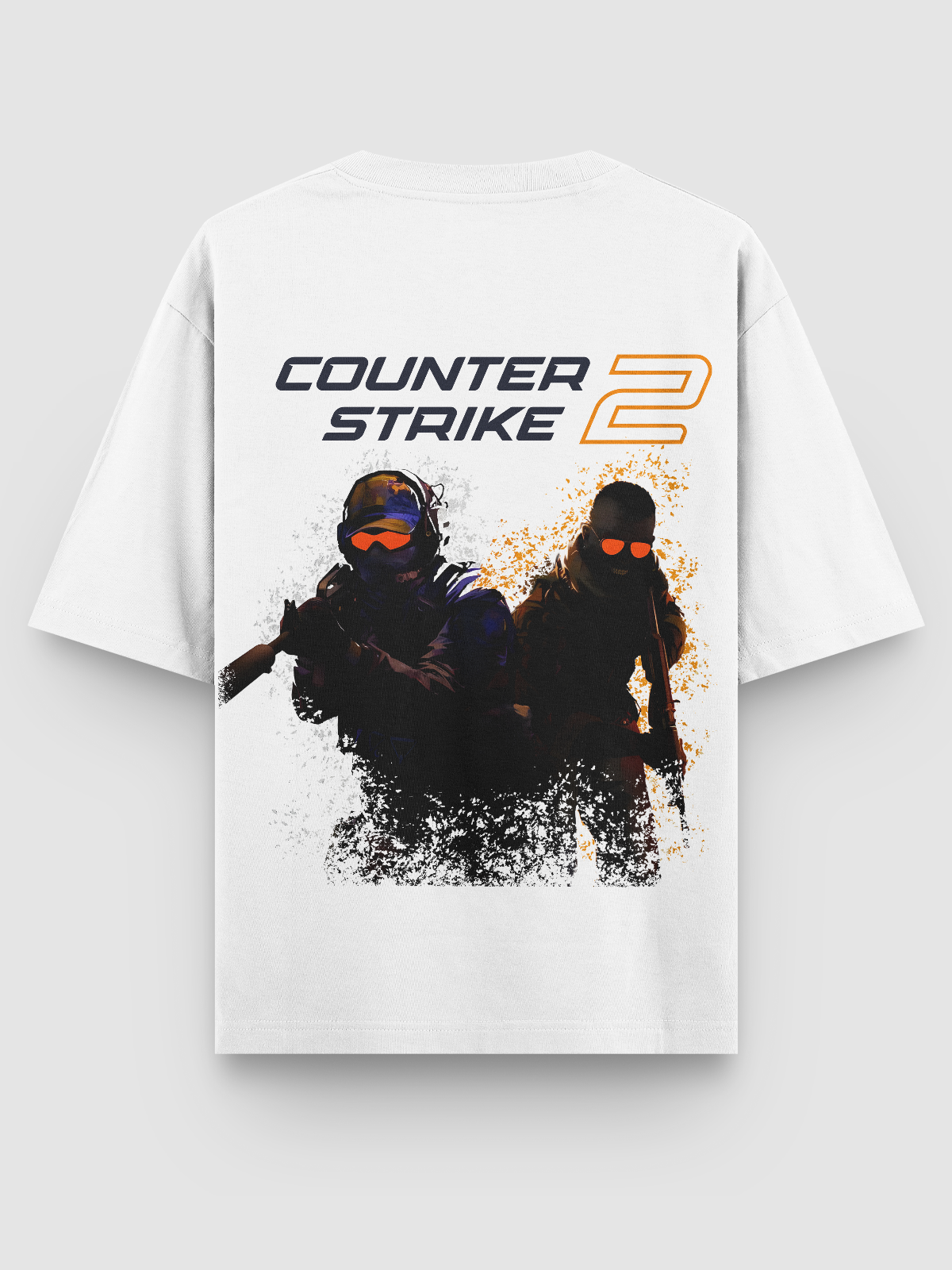 Camiseta Oversized gamer dos agentes CT & TR de Counter Strike 2, feita em algodão penteado fio 30.1, estampa DTF de alta definição com efeito crackled e acabamento reforçado, unindo estilo, conforto e durabilidade.