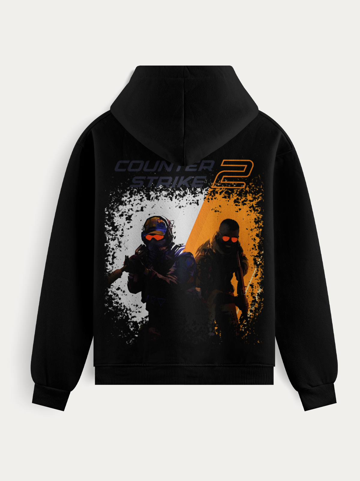 Moletom preto e branco com estampa crackled dos agentes CT e TR do jogo Counter Strike 2, em material de alta qualidade e estampa DTF resistente.