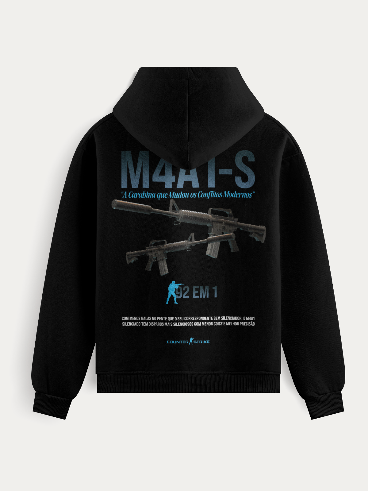 Moletom gamer inspirado na M4A1-S de Counter Strike II, com estampa blueprint e referência ao “92 em 1”. Modelo em algodão e poliéster, ideal para frio e lifestyle tático.