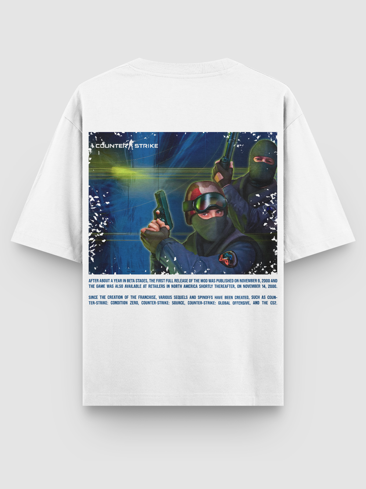 Camiseta Oversized gamer Counter Strike 1.6 Main Menu, com estampa DTF de alta definição dos agentes CT e TR. Feita em algodão penteado 170g/m², modelagem ajustada e acabamento reforçado. Ideal para fãs do FPS clássico.