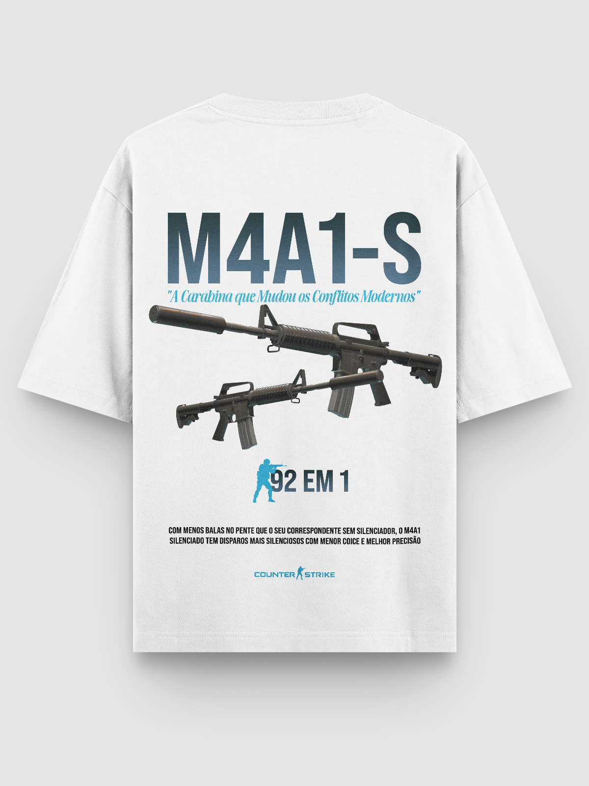 Camiseta gamer M4A1-S Counter Strike, confeccionada em algodão penteado 170g/m², modelagem ajustada e estampa DTF de alta definição. Ideal para fãs do FPS que buscam estilo e conforto no dia a dia.