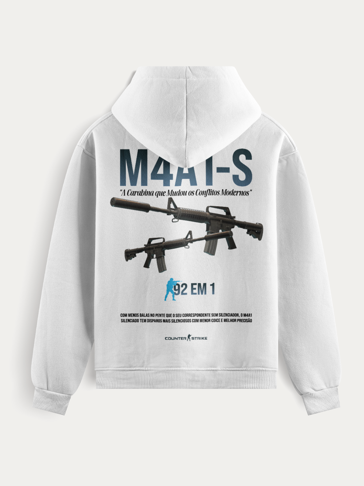 Moletom gamer inspirado na M4A1-S de Counter Strike II, com estampa blueprint e referência ao “92 em 1”. Modelo em algodão e poliéster, ideal para frio e lifestyle tático.