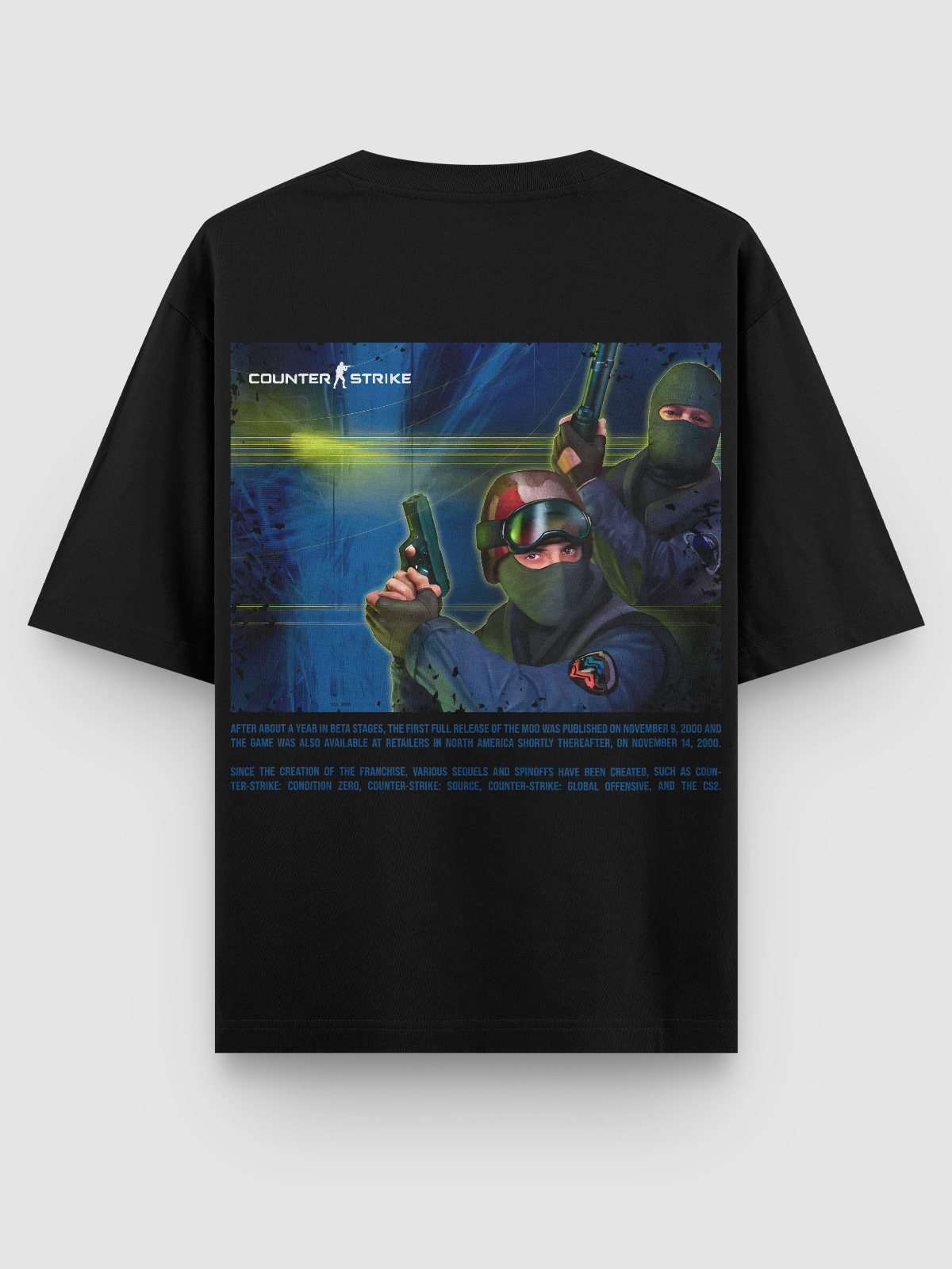 Camiseta Oversized gamer Counter Strike 1.6 Main Menu, com estampa DTF de alta definição dos agentes CT e TR. Feita em algodão penteado 170g/m², modelagem ajustada e acabamento reforçado. Ideal para fãs do FPS clássico.
