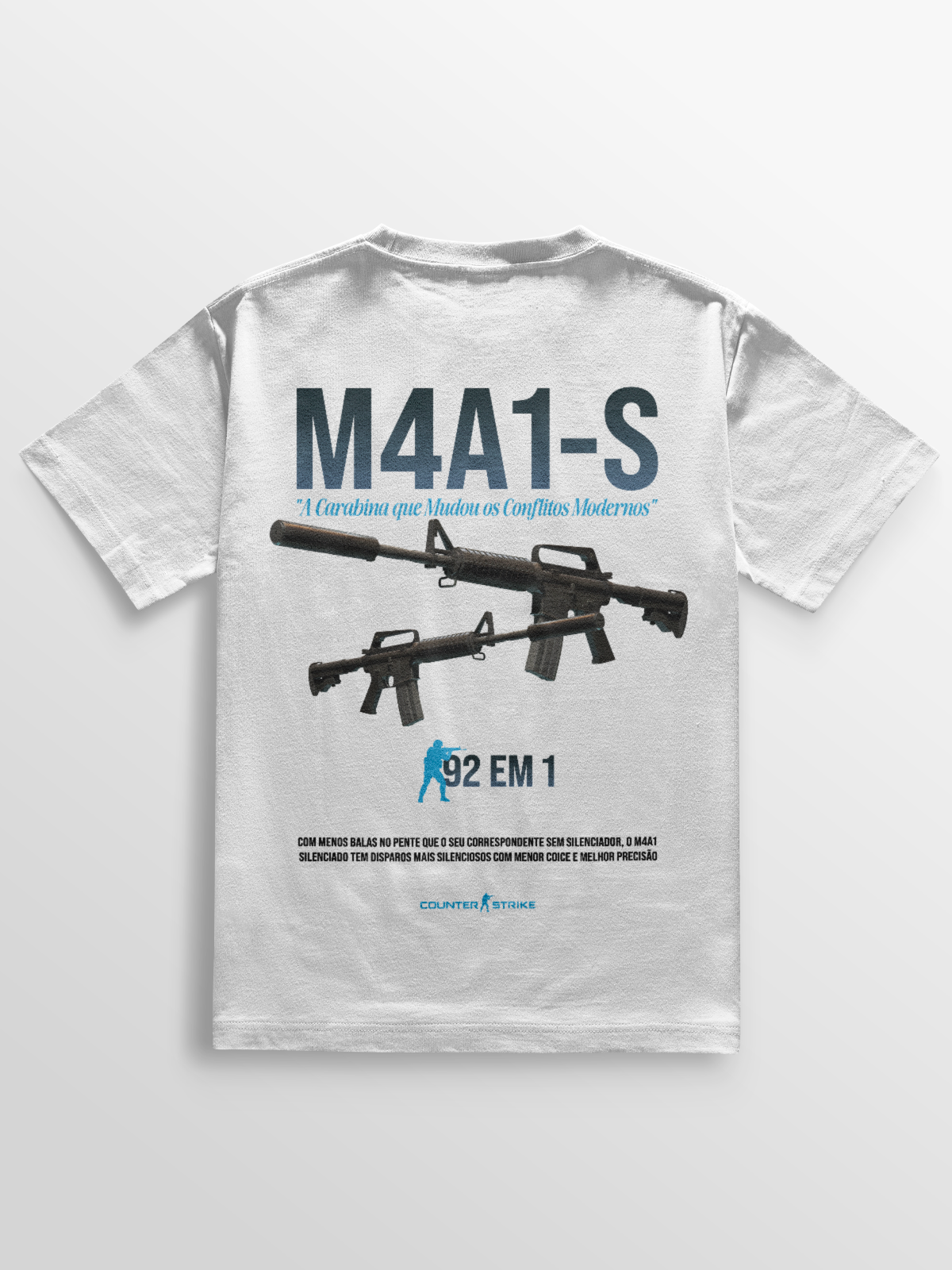 Camiseta gamer M4A1-S Counter Strike, confeccionada em algodão penteado 170g/m², modelagem ajustada e estampa DTF de alta definição. Ideal para fãs do FPS que buscam estilo e conforto no dia a dia.
