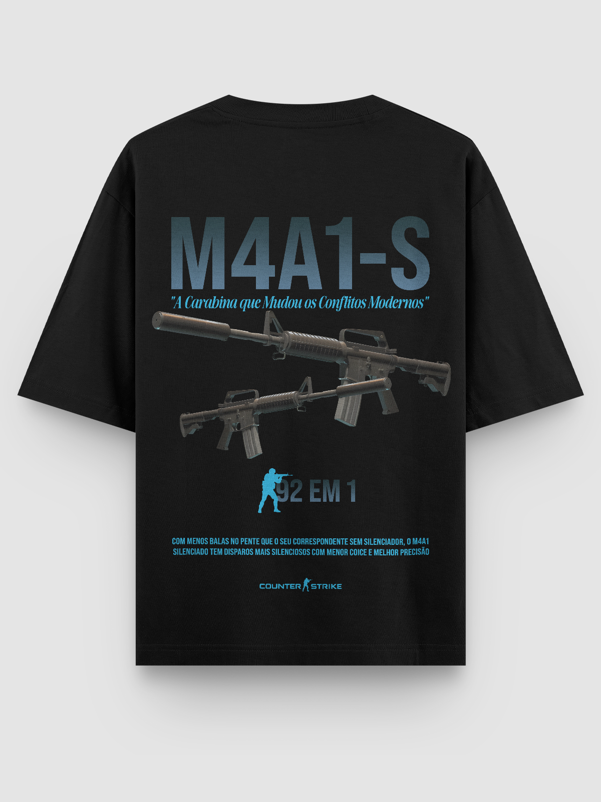 Camiseta gamer M4A1-S Counter Strike, confeccionada em algodão penteado 170g/m², modelagem ajustada e estampa DTF de alta definição. Ideal para fãs do FPS que buscam estilo e conforto no dia a dia.