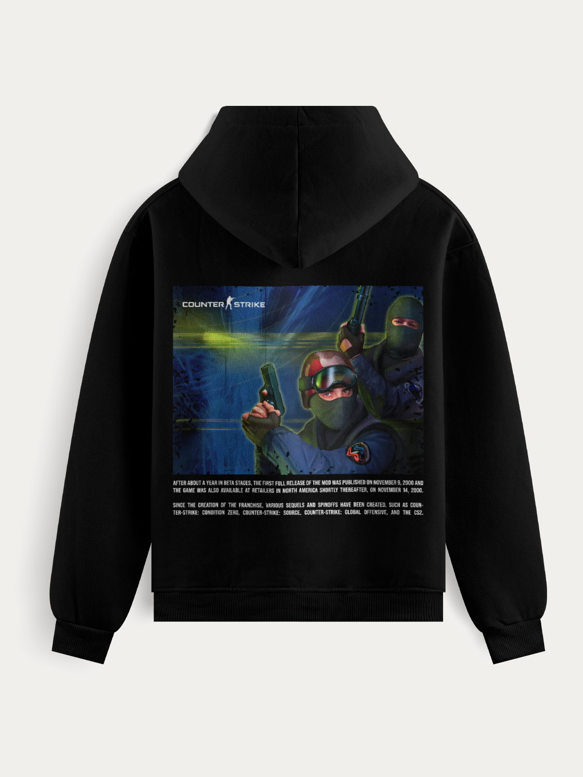 Moletom inspirado no menu principal do Counter-Strike 1.6, com estampa dos agentes CT em DTF de alta definição, tecido grosso e acabamento premium para jogadores nostálgicos.