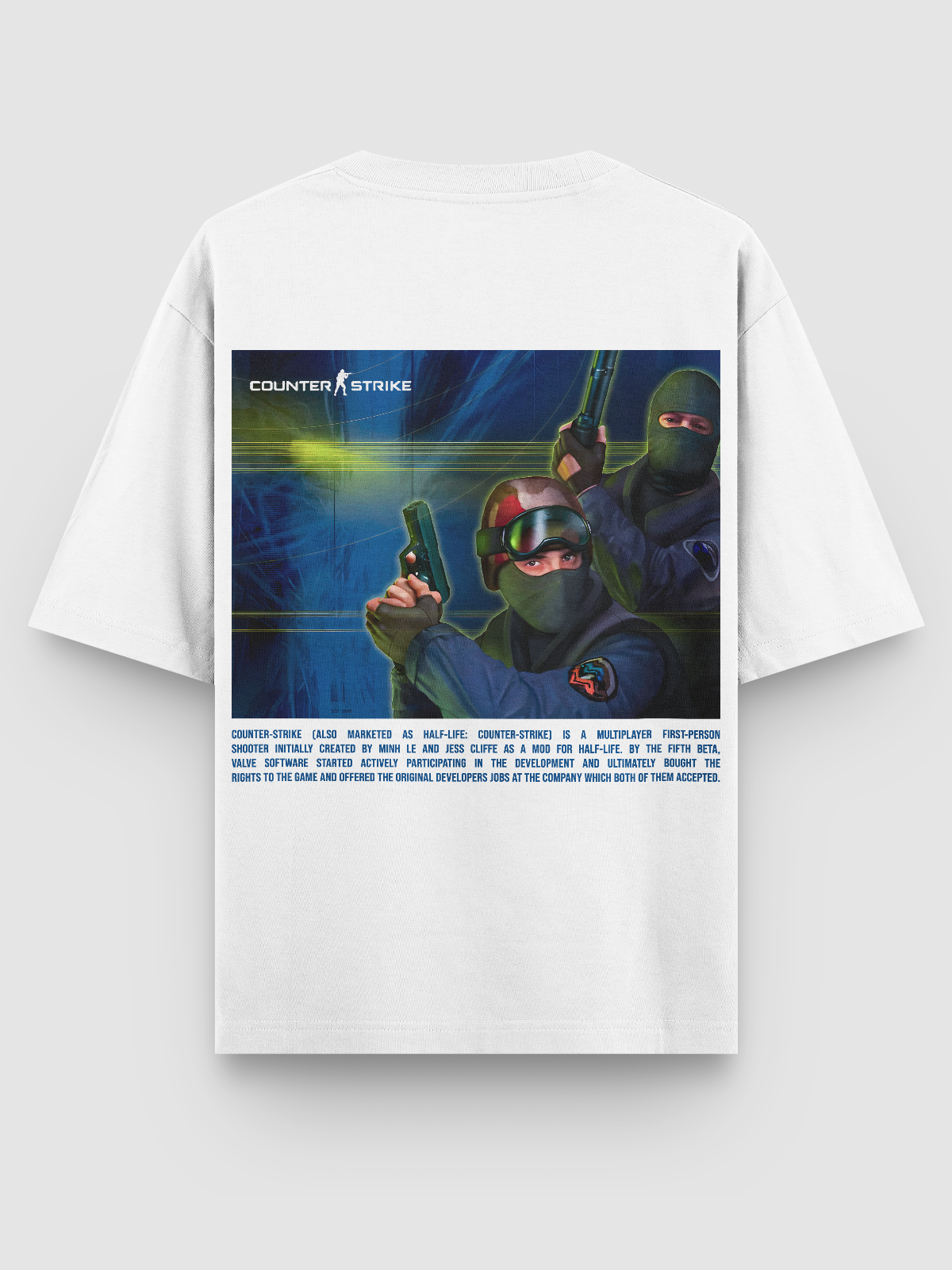 Camiseta Oversized gamer Counter Strike 1.6 Main Menu, com estampa DTF de alta definição dos agentes CT e TR. Feita em algodão penteado 170g/m², modelagem ajustada e acabamento reforçado. Ideal para fãs do FPS clássico.