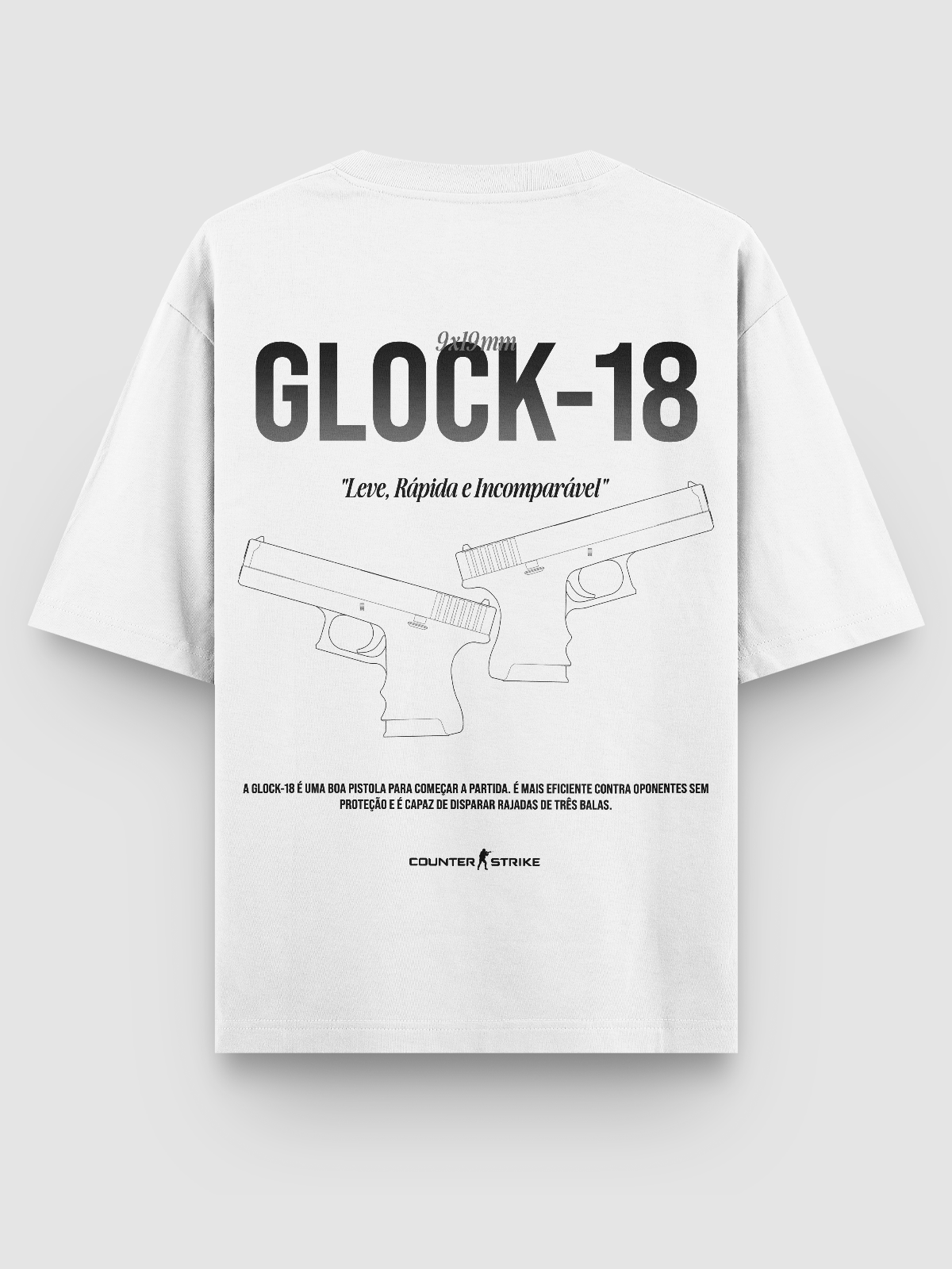Camiseta Oversized Glock-18 com blueprint técnico da pistola, estampa DTF durável e frase temática. Ideal para fãs de CS e cultura tática.