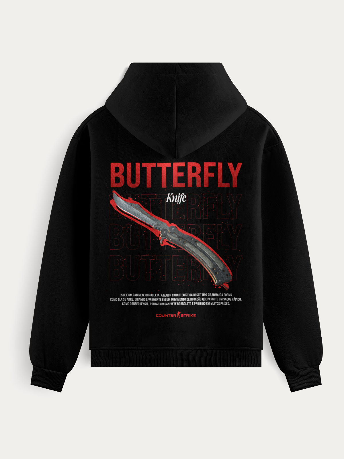 Moletom inspirado na Butterfly Knife do Counter Strike, com estampa em DTF, tecido resistente, costura reforçada e design pensado para fãs que prezam por estilo e presença.