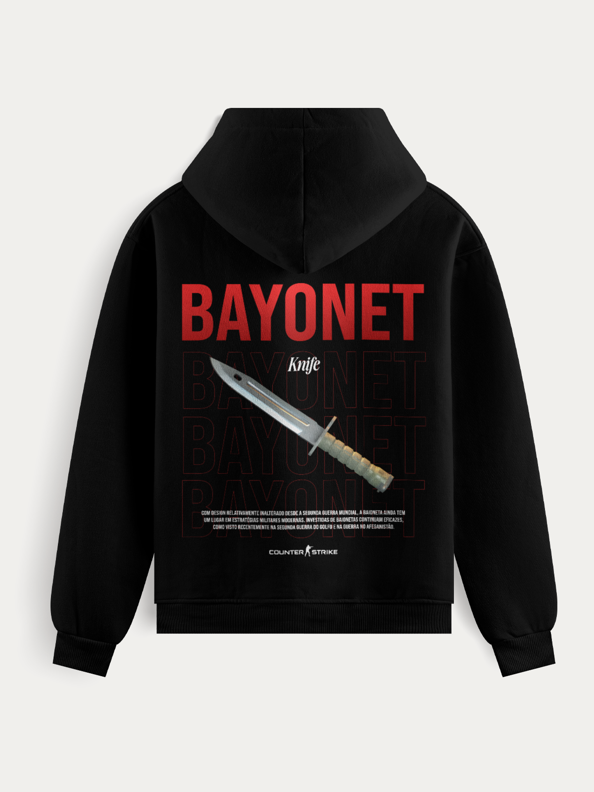 Moletom com estampa da baioneta clássica do Counter Strike II. Confeccionado com algodão e poliéster de alta gramatura, traz conforto, resistência e visual impactante com impressão DTF de alta definição. Ideal para fãs do jogo.