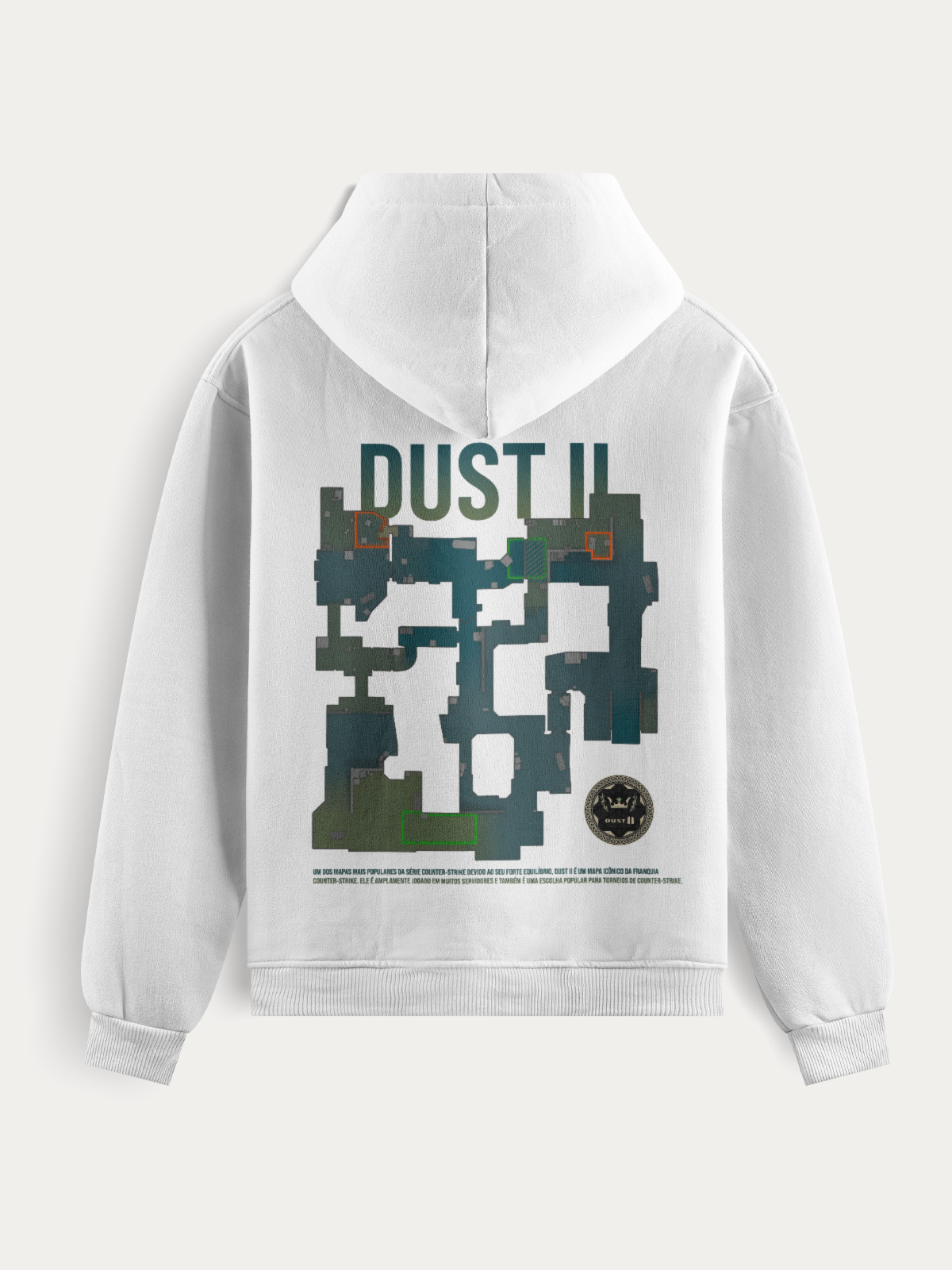 Moletom com estampa em DTF do mapa Dust II, ícone do jogo Counter Strike. Design detalhado e tecido de alta qualidade para estilo e conforto em qualquer ocasião.