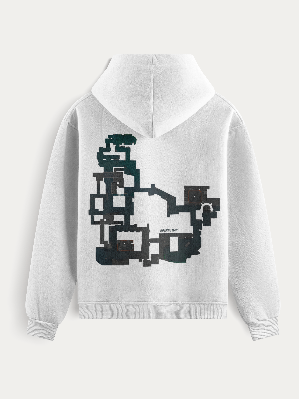 Moletom com o mapa Inferno de Counter-Strike estampado nas costas, disponível nas cores branca e preta. Perfeito para quem domina o game e curte vestir o cenário.
