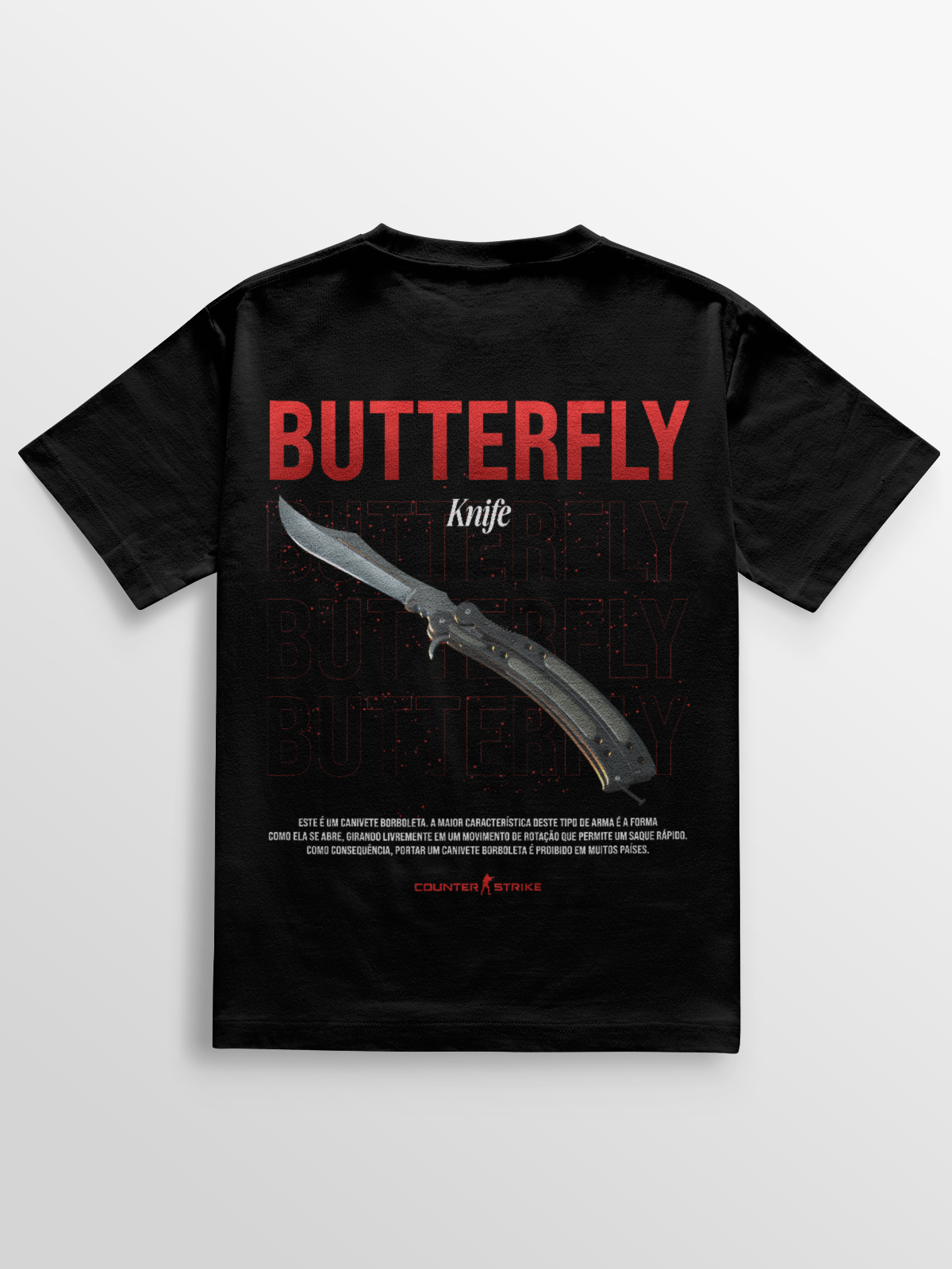 Camiseta Butterfly Counter Strike – Art Edition, feita em algodão 100% penteado, estampa DTF vibrante da icônica Balisong, perfeita para fãs de FPS e colecionadores da cultura gamer.