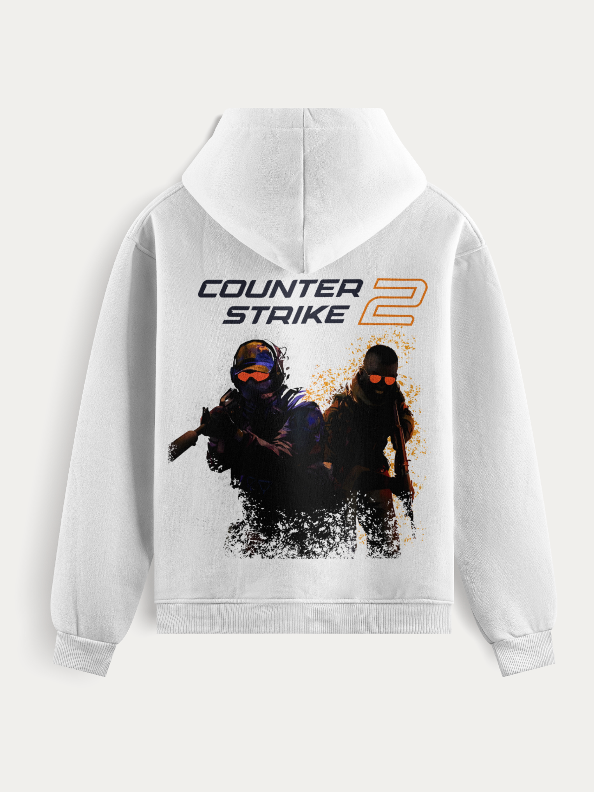 Moletom preto e branco com estampa CT e TR do Counter Strike II, trazendo visual “crackled”, agentes armados e design robusto inspirado no CS2.