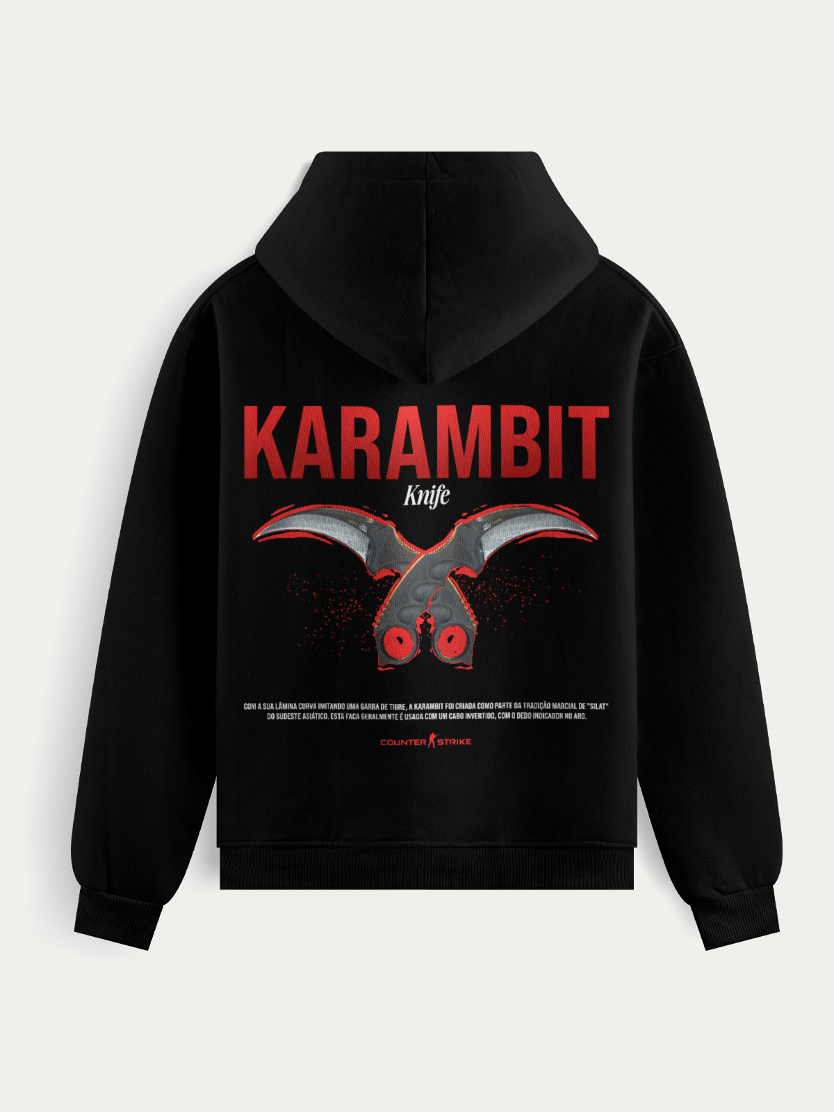 Moletom com estampa da faca Karambit de Counter Strike, feito em tecido de 300g/m² com toque macio e estampa DTF. Ideal para fãs que querem estilo e impacto.