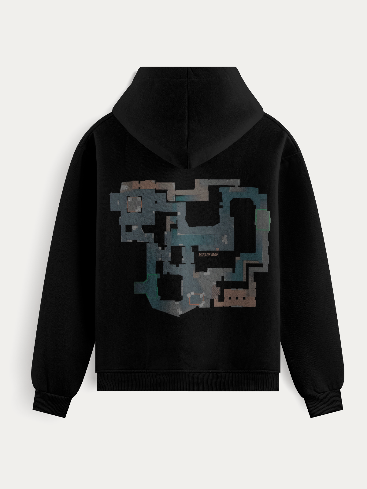 Moletom com o mapa Mirage de Counter-Strike estampado nas costas, disponível em versões preta e branca. Ideal para jogadores que vivem o CS dentro e fora do game.