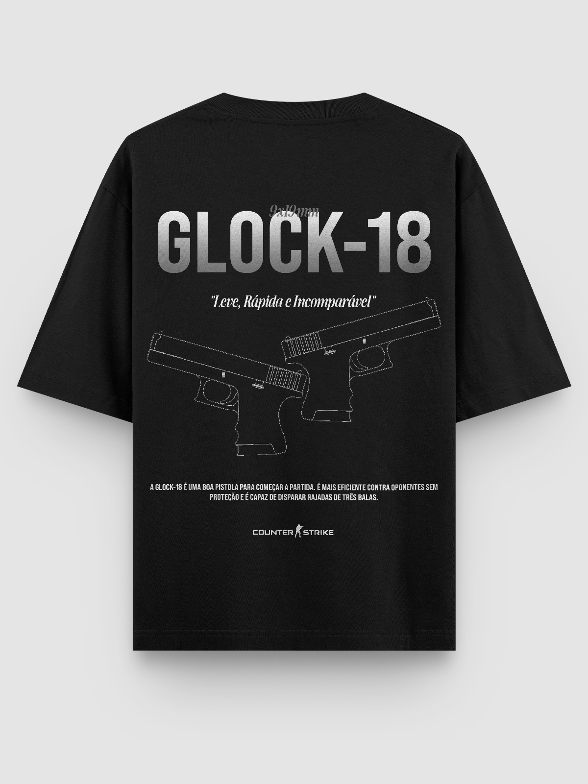 Camiseta Oversized Glock-18 com blueprint técnico da pistola, estampa DTF durável e frase temática. Ideal para fãs de CS e cultura tática.