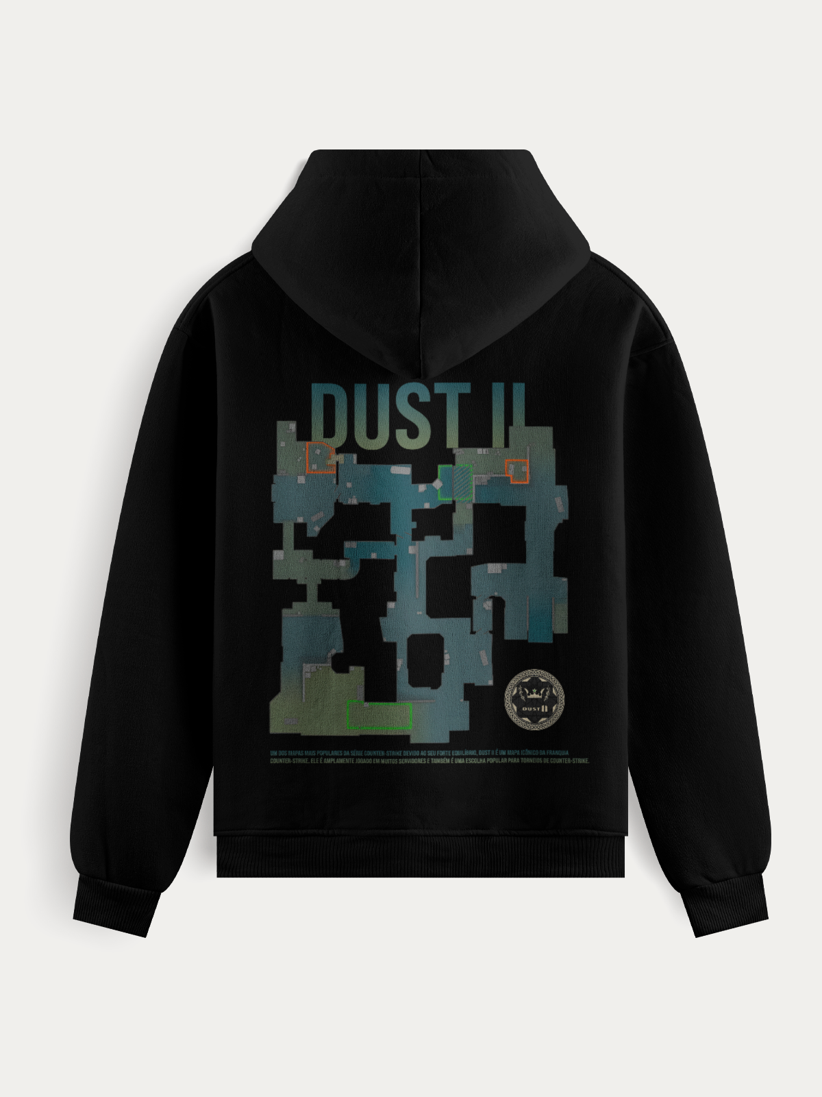 Moletom com estampa em DTF do mapa Dust II, ícone do jogo Counter Strike. Design detalhado e tecido de alta qualidade para estilo e conforto em qualquer ocasião.