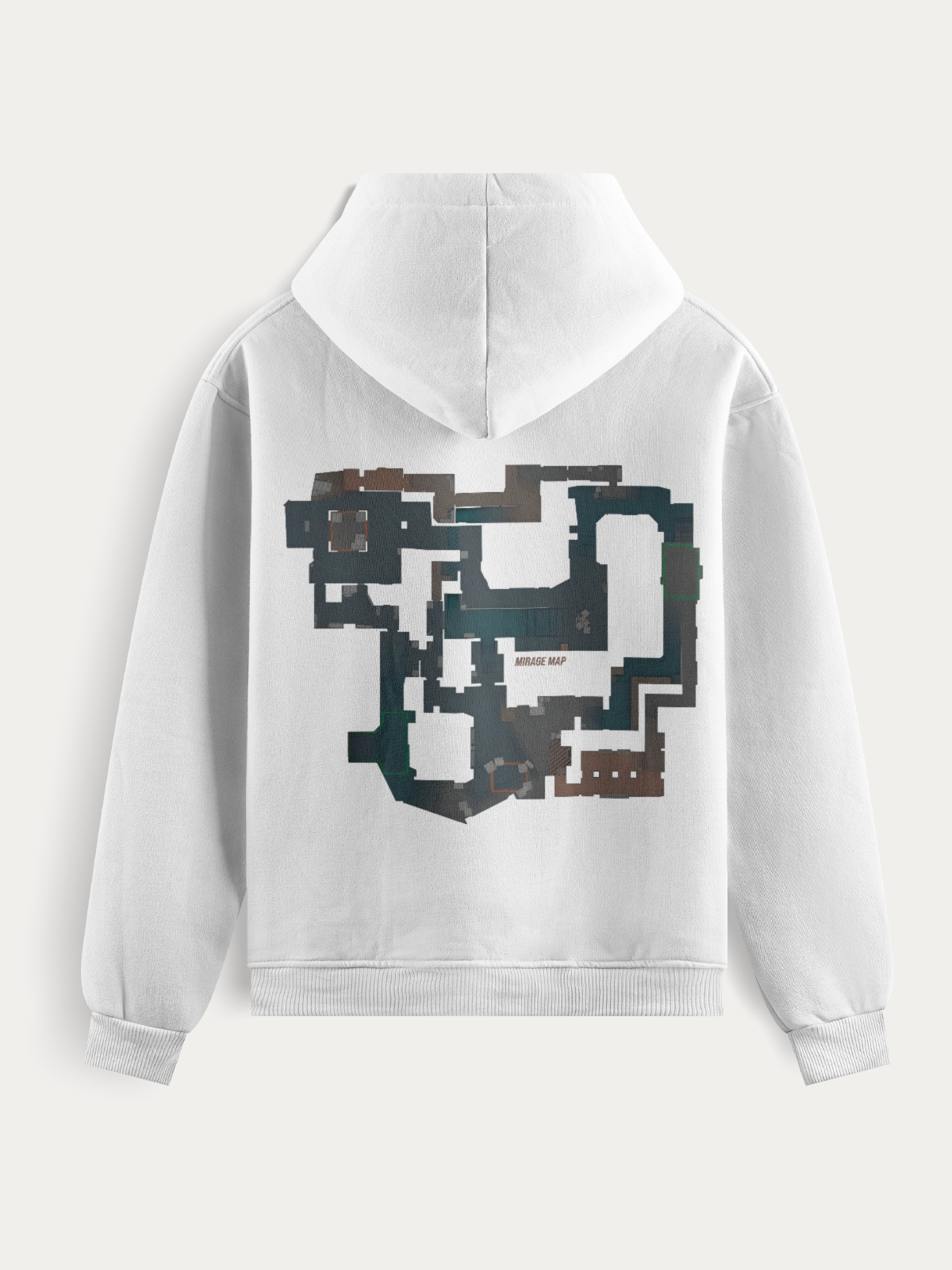 Moletom com o mapa Mirage de Counter-Strike estampado nas costas, disponível em versões preta e branca. Ideal para jogadores que vivem o CS dentro e fora do game.