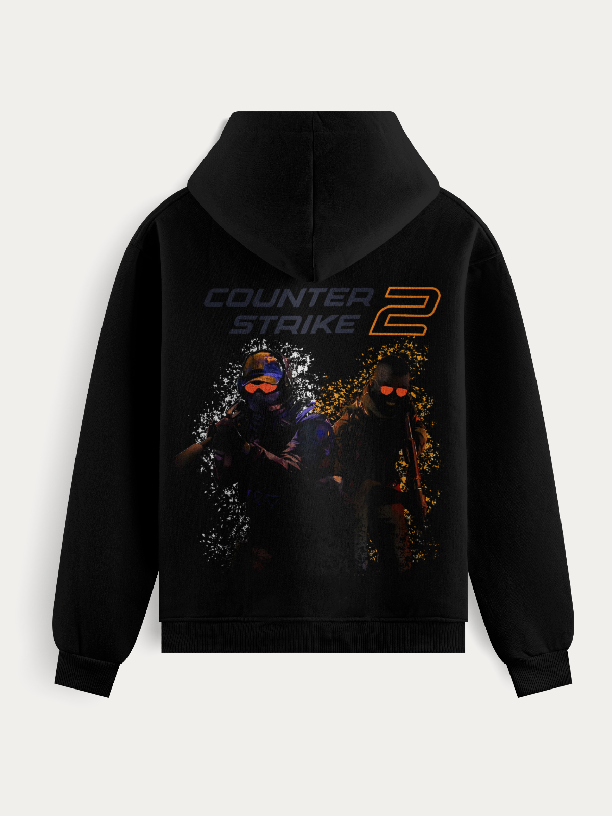 Moletom preto e branco com estampa CT e TR do Counter Strike II, trazendo visual “crackled”, agentes armados e design robusto inspirado no CS2.
